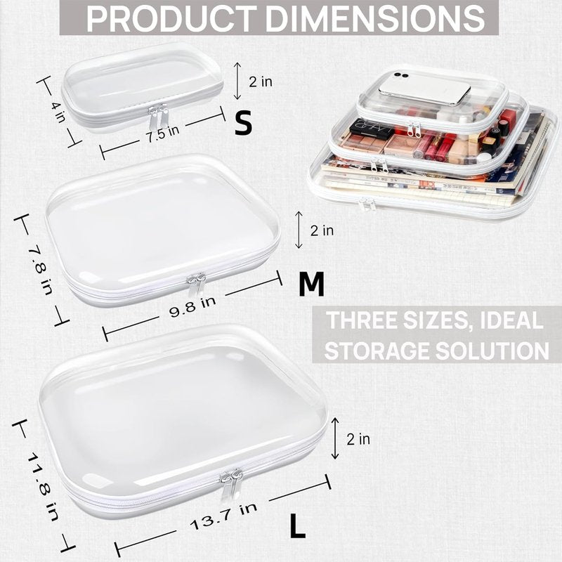 Clear Hard Plastic Zipper Case Set - Double Zipper Travel Organizer for Makeup, Toys & Toiletries | 3 Sizes (1L, 1M, 1S)