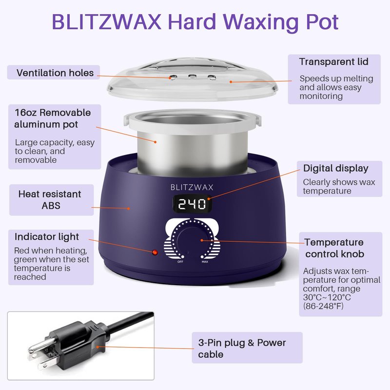 BLITZWAX Single Waxing Pot, Hard Wax Warmer for Face, Legs, Bikini, Brazilian and Body, for 16 oz, At Home Hair Removal Kit, for Men, Beginner Friendly, Quick Heating, Precise Temperature Control