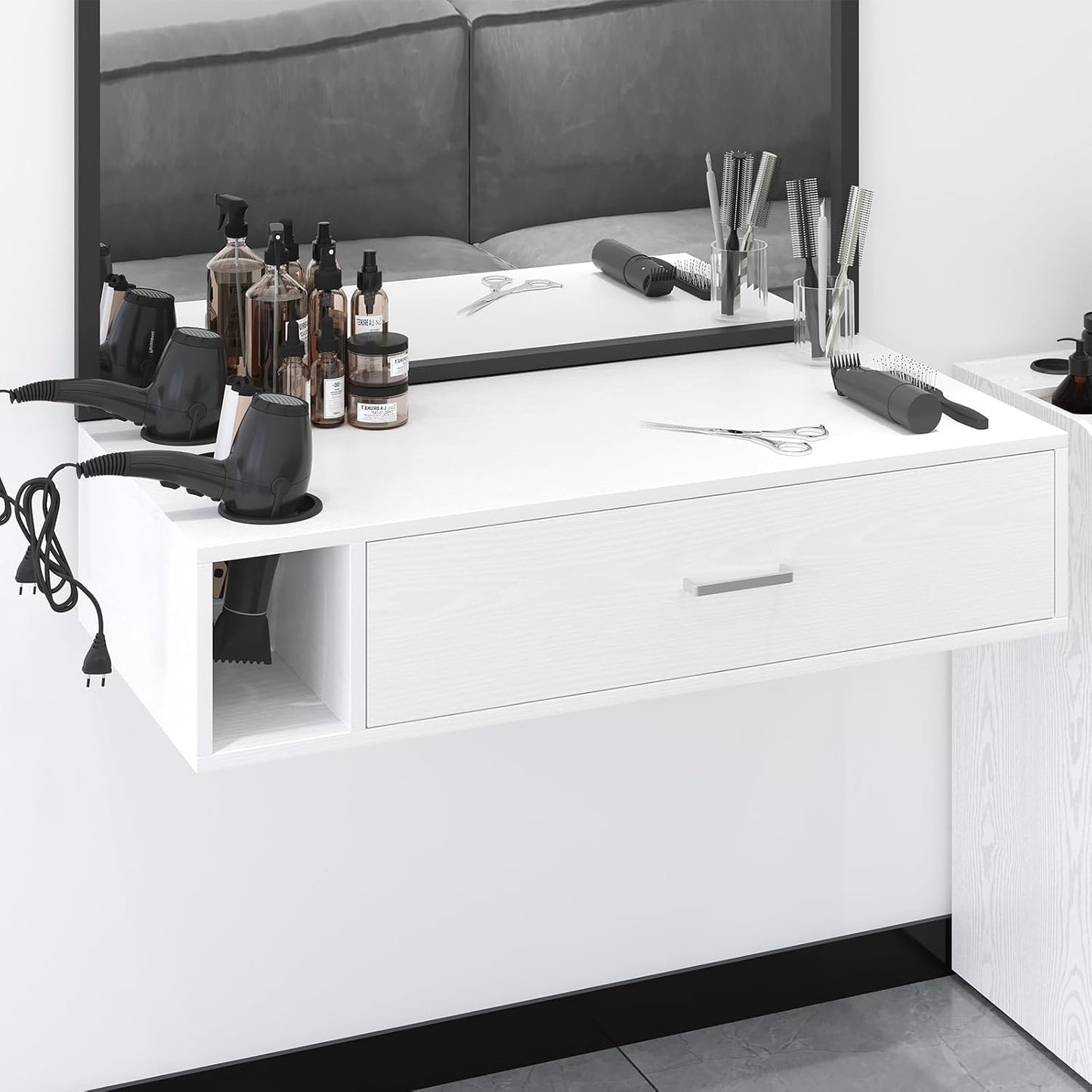 Wall Mount Salon Station - 36" Black Barber Organizer with Drawer & Shelves | 3 Dryer Holders
