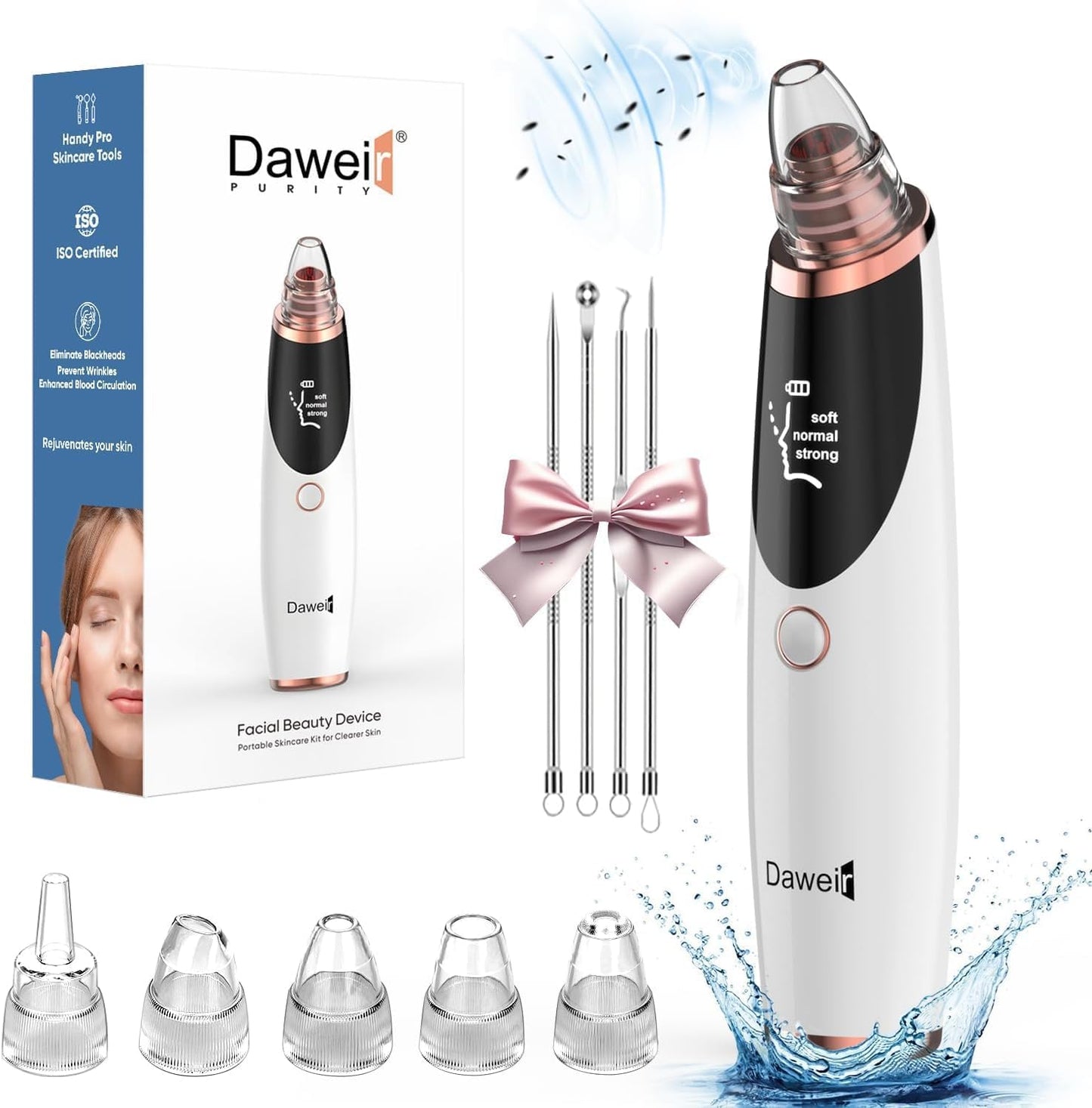 Blackhead Remover Pore Vacuum - Facial Pore Cleanser with 3 Suction Levels & 5 Tips | USB Rechargeable, White