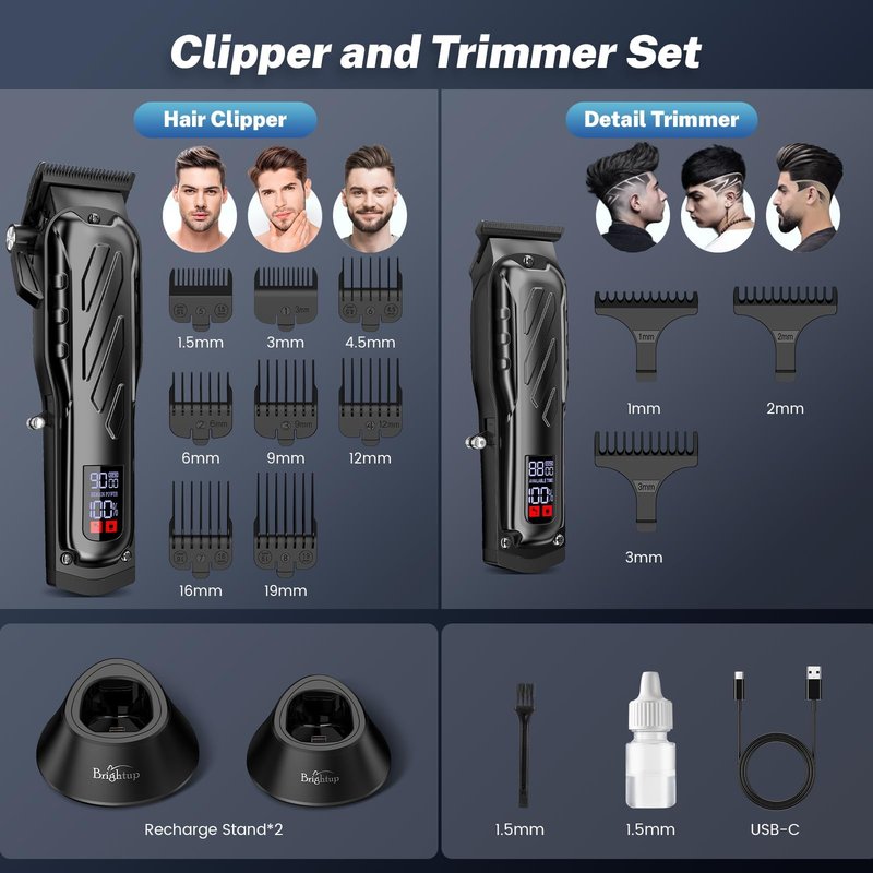 Brightup Barber Hair Clippers [Brushless 9000RPM & Cordless] for Men, Professional Clippers & Trimmers Set with USB-C Charging Stand, Hair Tools Cutting Kit with LCD Display, Gift for Men
