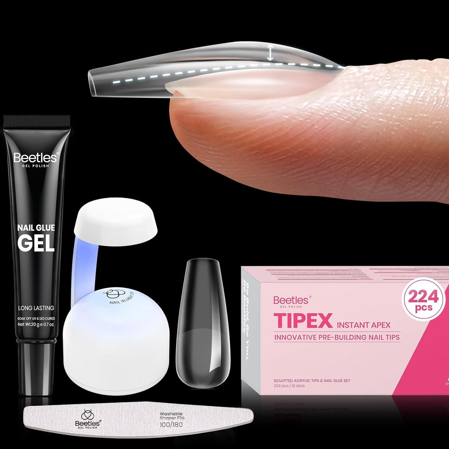 Beetles Tipex Gel Nail Kit - 224 Pcs Extra Short Square Nail Tips with Mini Lamp & Glue | 16 Sizes