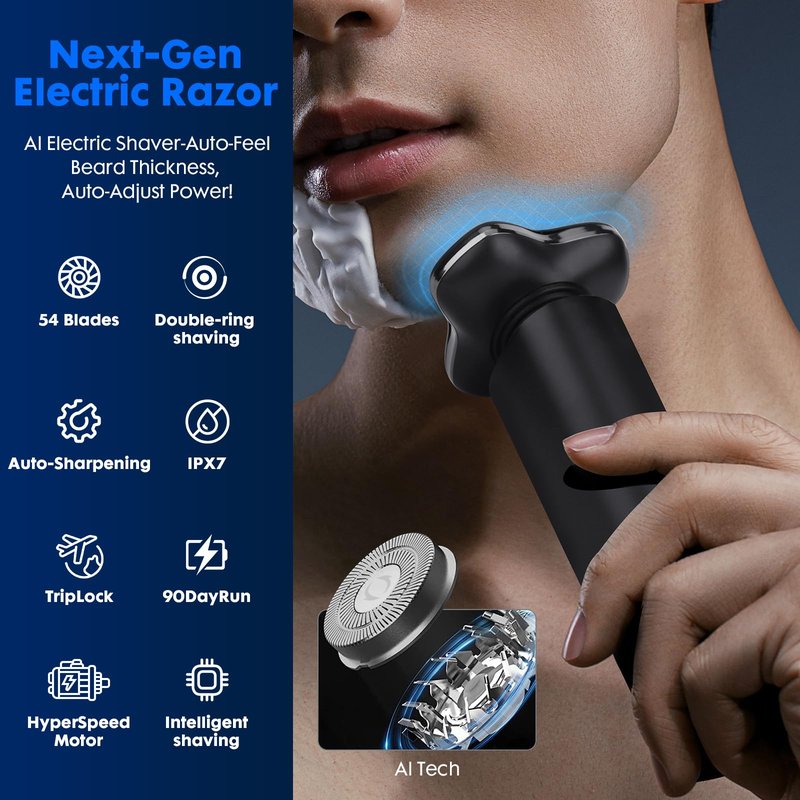 Black Electric Razor for Men with 3-Blade Rotary System, Touch Switch, LED Display, Travel Lock