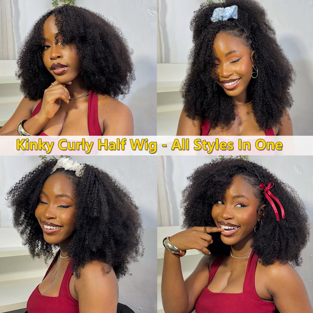 Kinky Curly Half Wig - 200 Density Human Hair | 18-Inch Seamless Drawstring Wig for Women