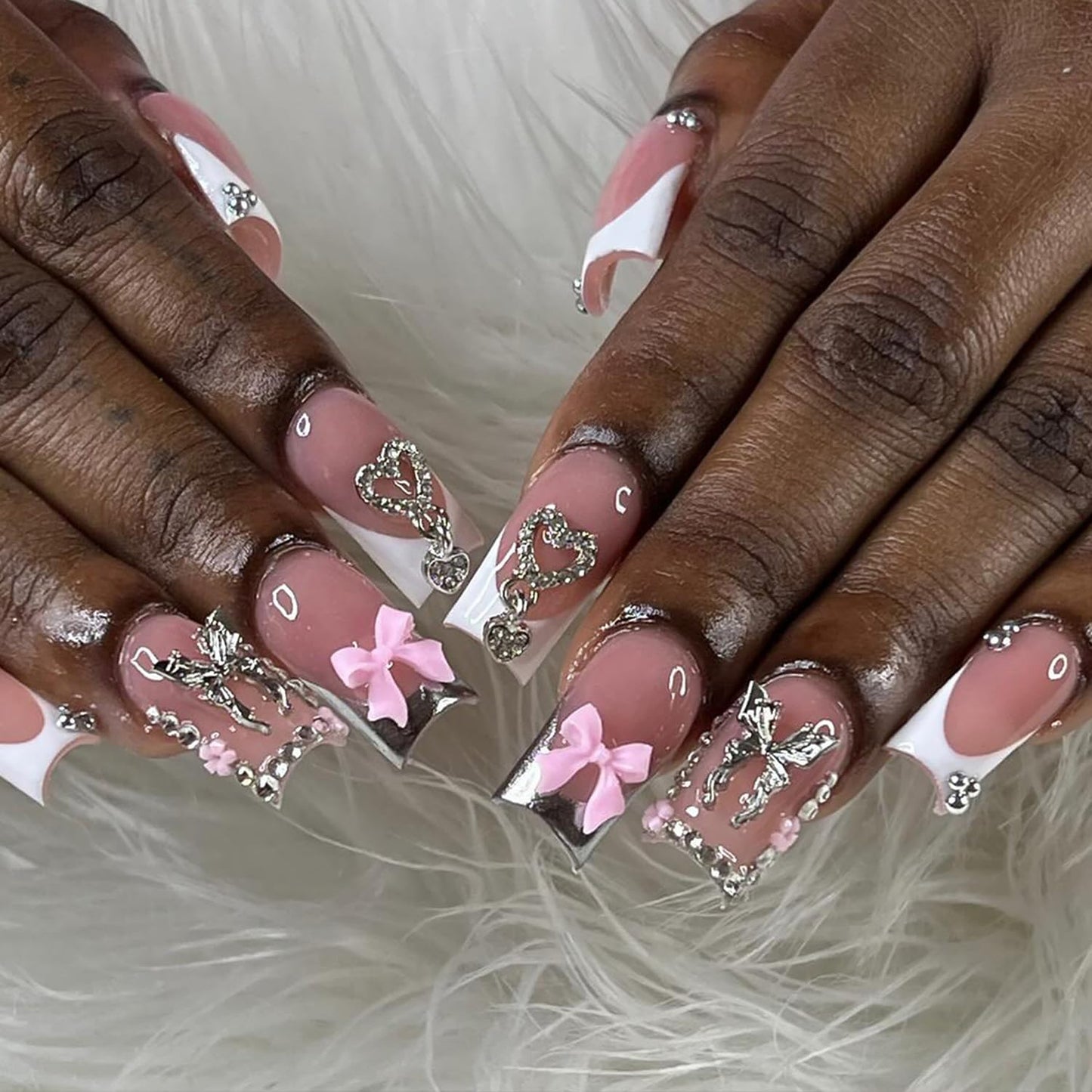 3D Flower Press-On Nails - Medium Square Pink French Tip with Star Rhinestones | Full Cover Artificial Nails for Women
