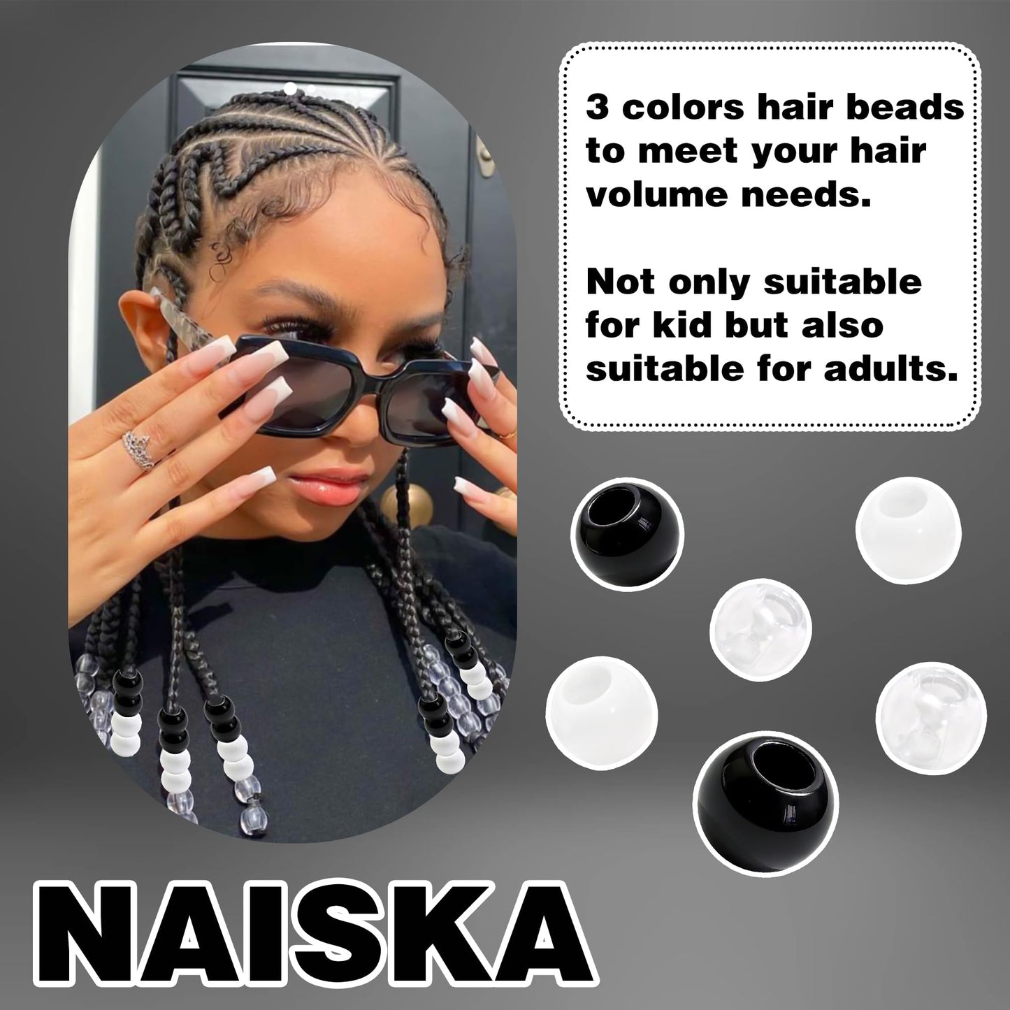 NAISKA 60PCS Black Hair Beads Clear Braids Beads Acrylic Round Loc Bead White Large Hole Dread Bead Versatile Dreadlock Accessories for Unisex
