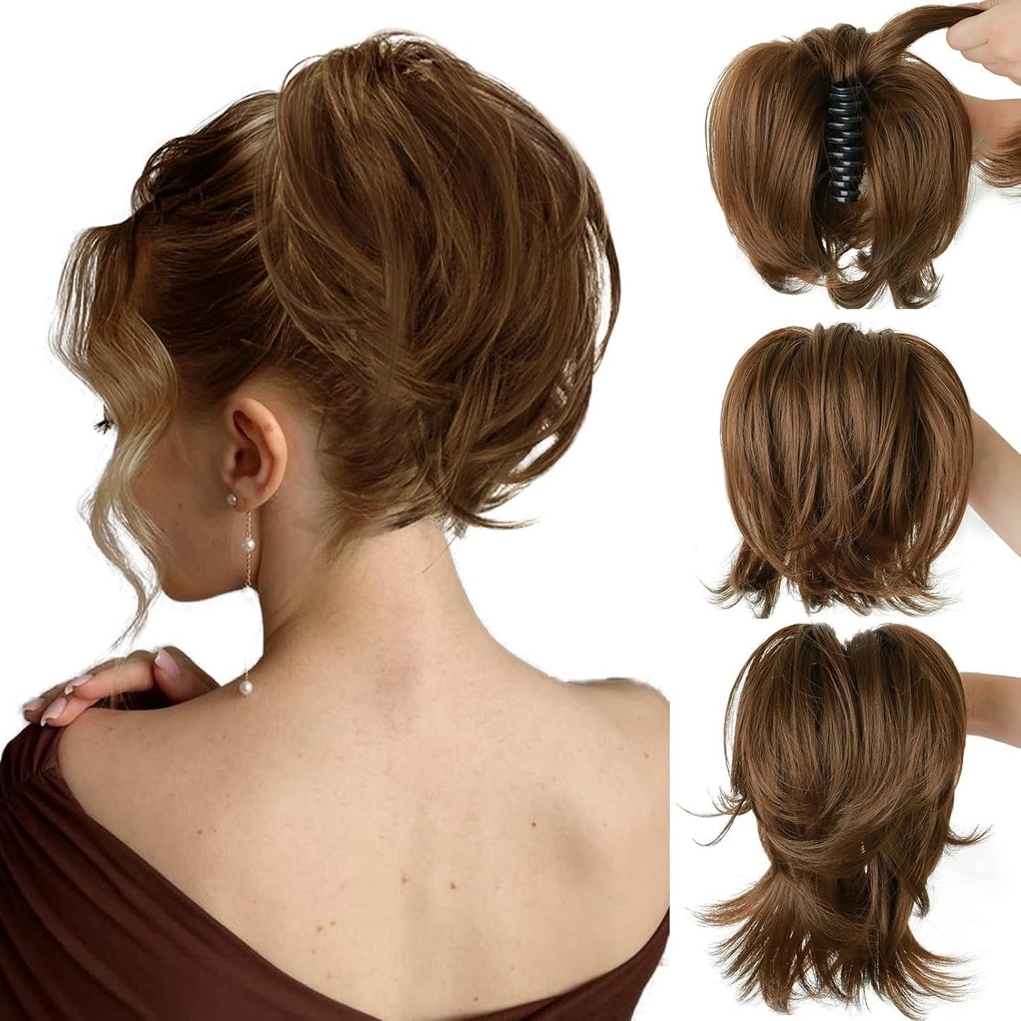 Claw Clip Ponytail Extension - Short Messy Hair Bun for Thin Hair | Straight Synthetic Hair, Easy Updo in Brown