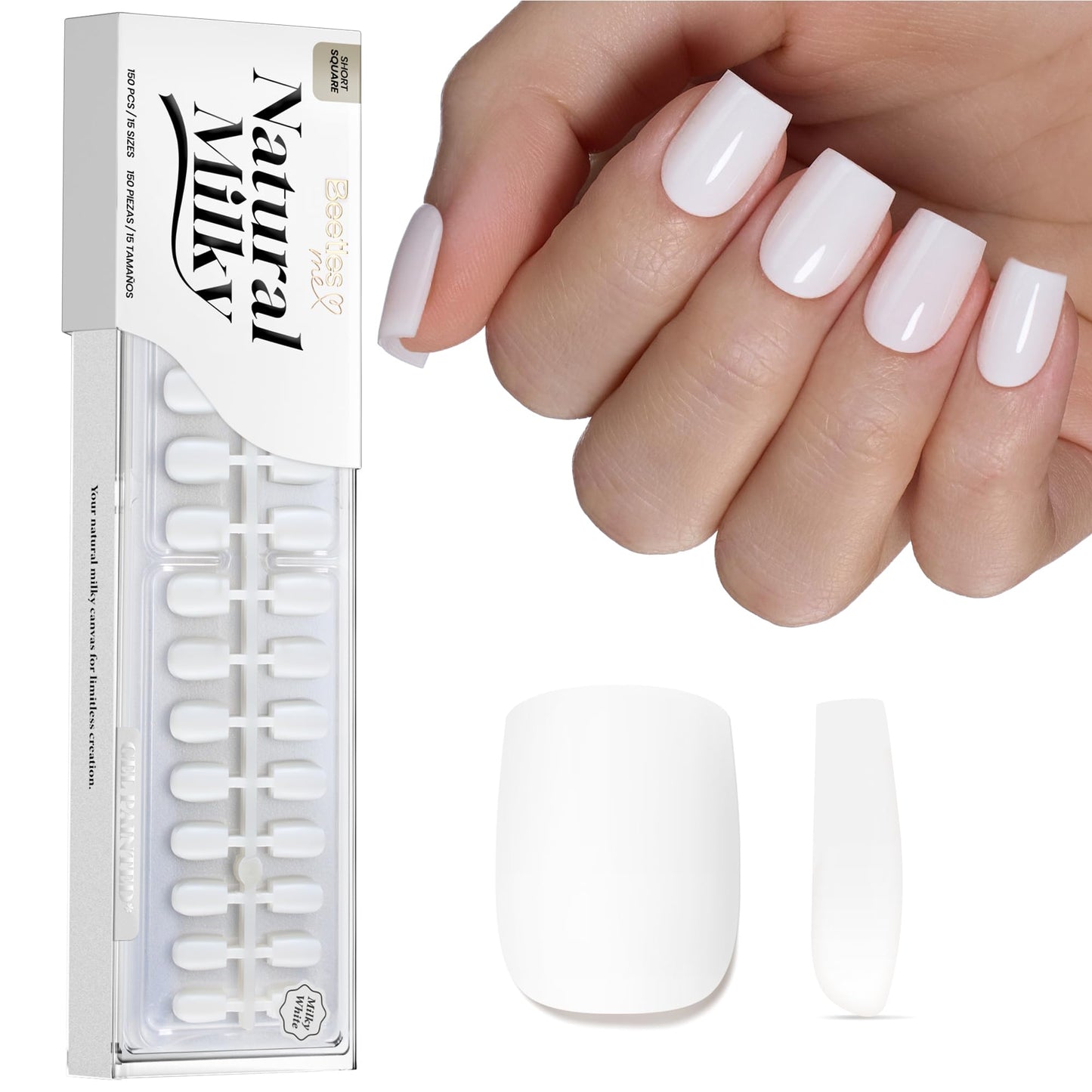 Beetles Short Square Press on Nails, Milky White Fake Nail Tips 150Pcs