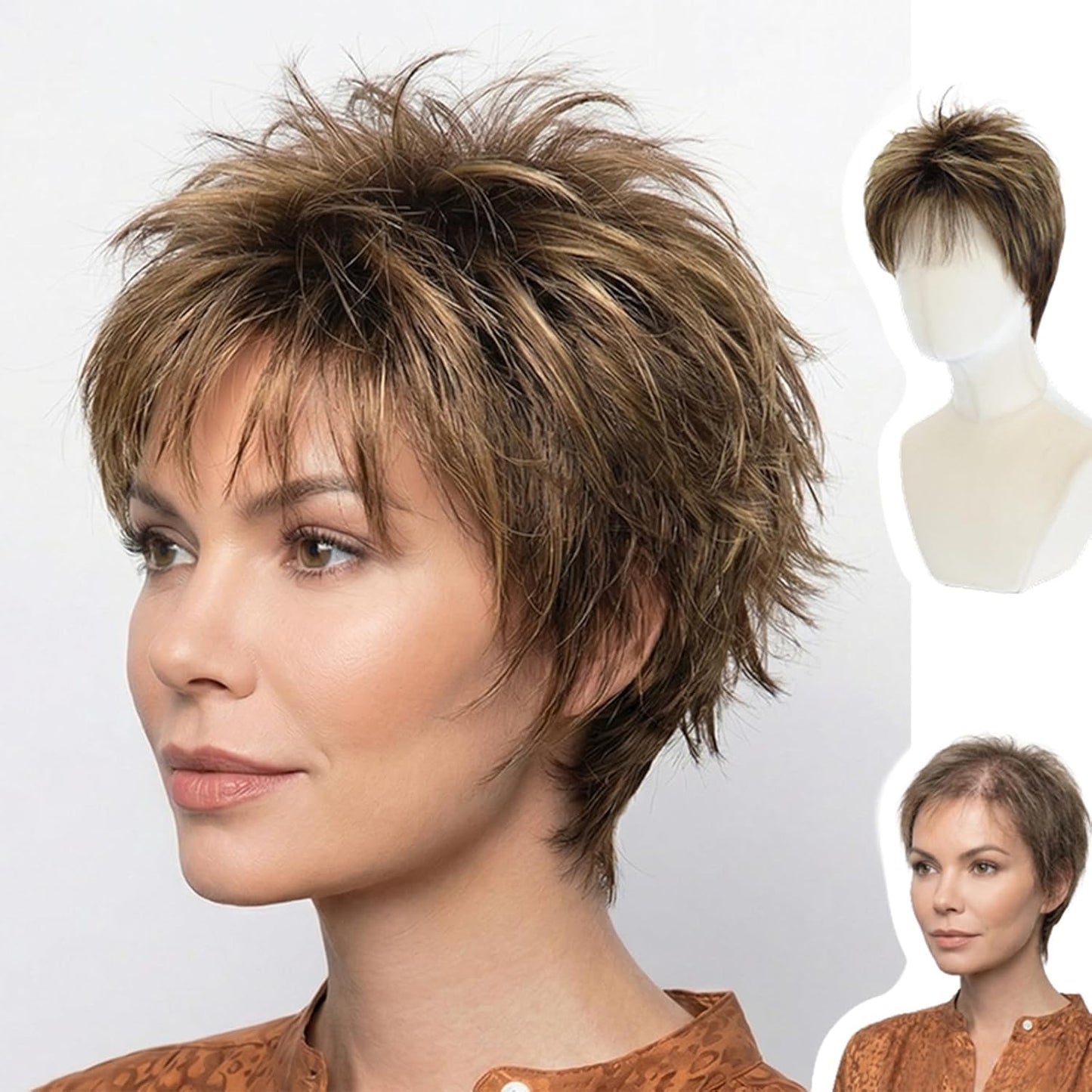 Short Pixie Wig for Women | Curly Ash Blonde with Dark Roots - Heat-Resistant Synthetic Wig with Bangs, Lightweight Cap