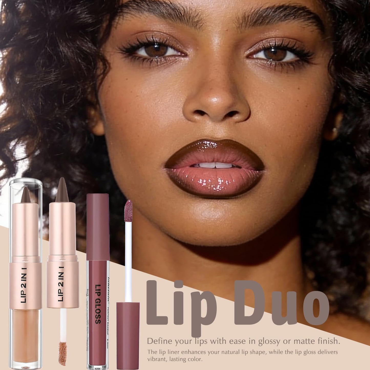 Wugbc Lip Liner and Gloss Set, 2 in 1 Lip Duo Brown Lip Liner Pencil Nude Liquid Lipstick with Nourishing Lip Gloss Smooth Plumping Lip Kit High Shine High Pigmented Lip Combo Makeup for Women
