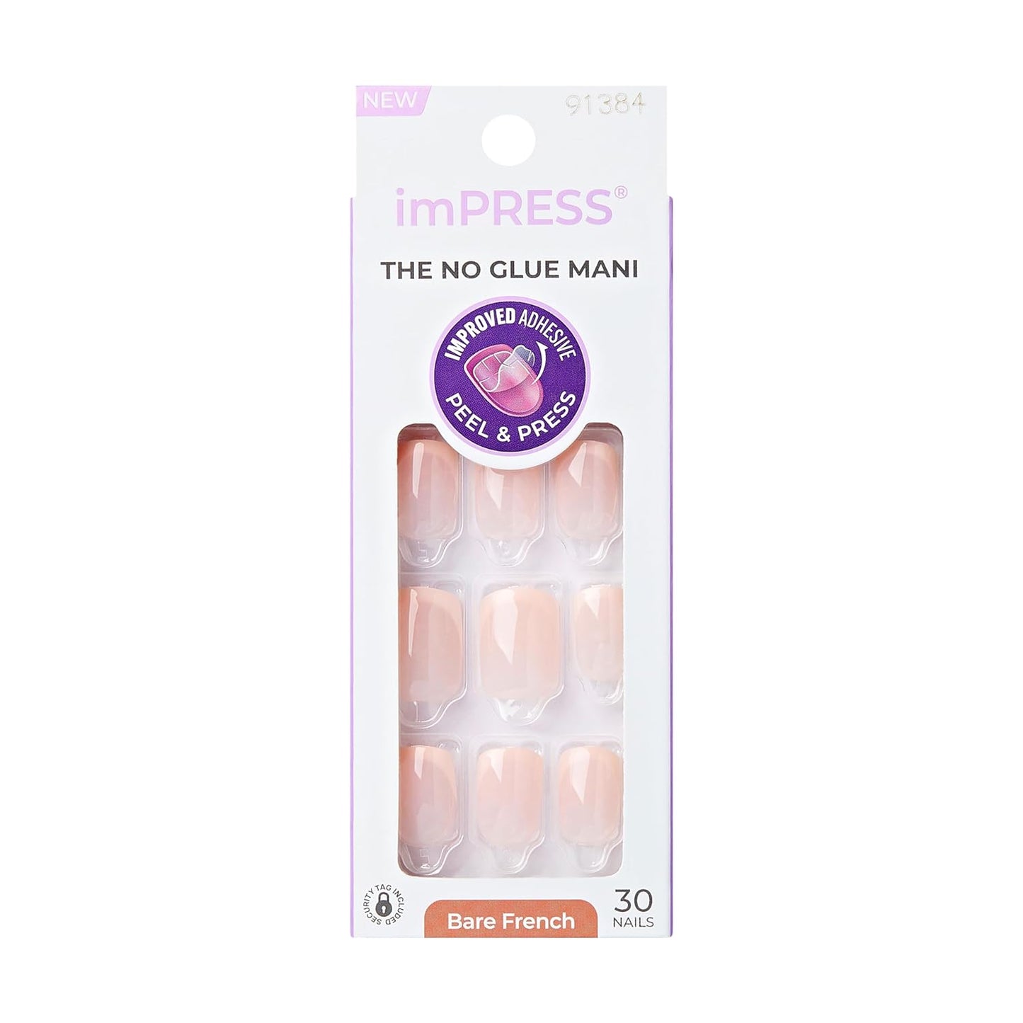 Kiss Impress Press-On Nails - Heroic Bare French Manicure Kit | 30 Light Neutral & White Squoval Short Nails with Improved Adhesive
