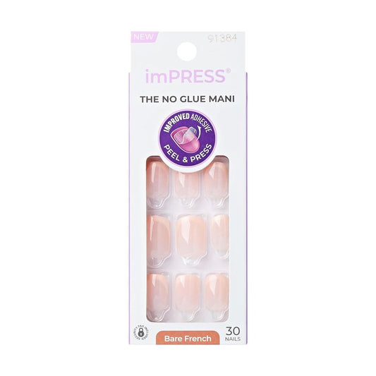 Kiss Impress Press-On Nails - Heroic Bare French Manicure Kit | 30 Light Neutral & White Squoval Short Nails with Improved Adhesive