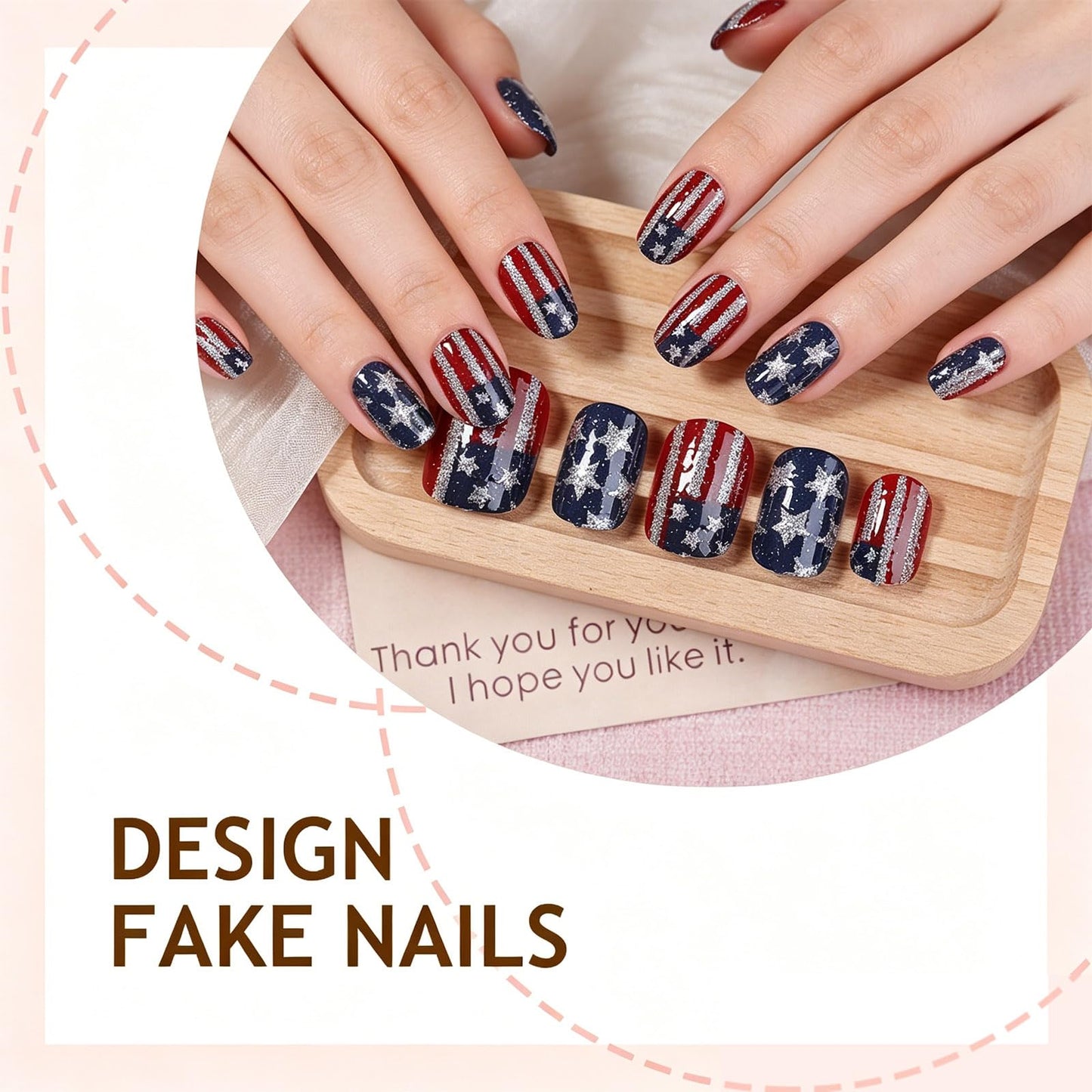 24Pcs 4th of July Press on Nails American Flag Acrylic Fake Nail Patriotic Gel Glue on Nail Fourth of July Short Square False Nails Glossy Silver Glitter Stick on Fingernails for Independence Day Gift