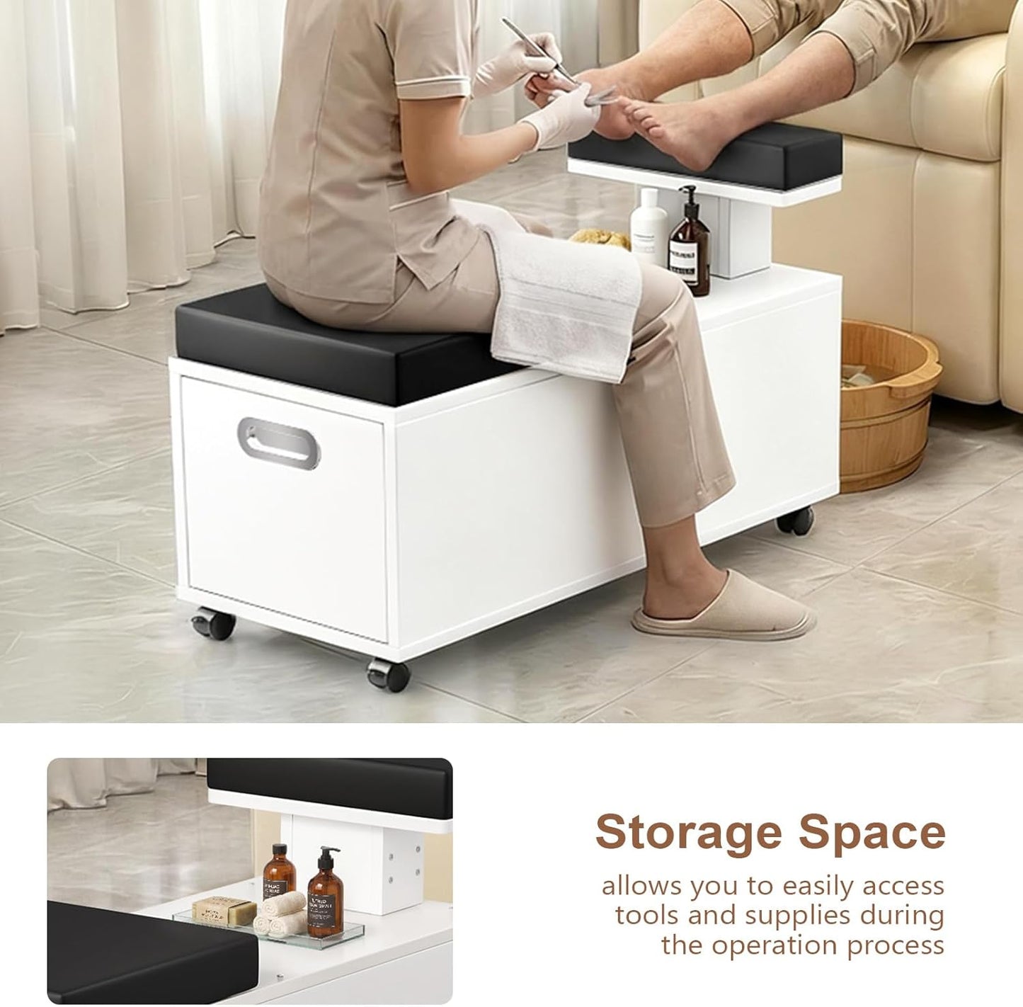 Pedicure Cart - OmySalon Foot Bath Trolley with Storage Drawer & Foot Rest | White Spa Chair with Locking Wheels