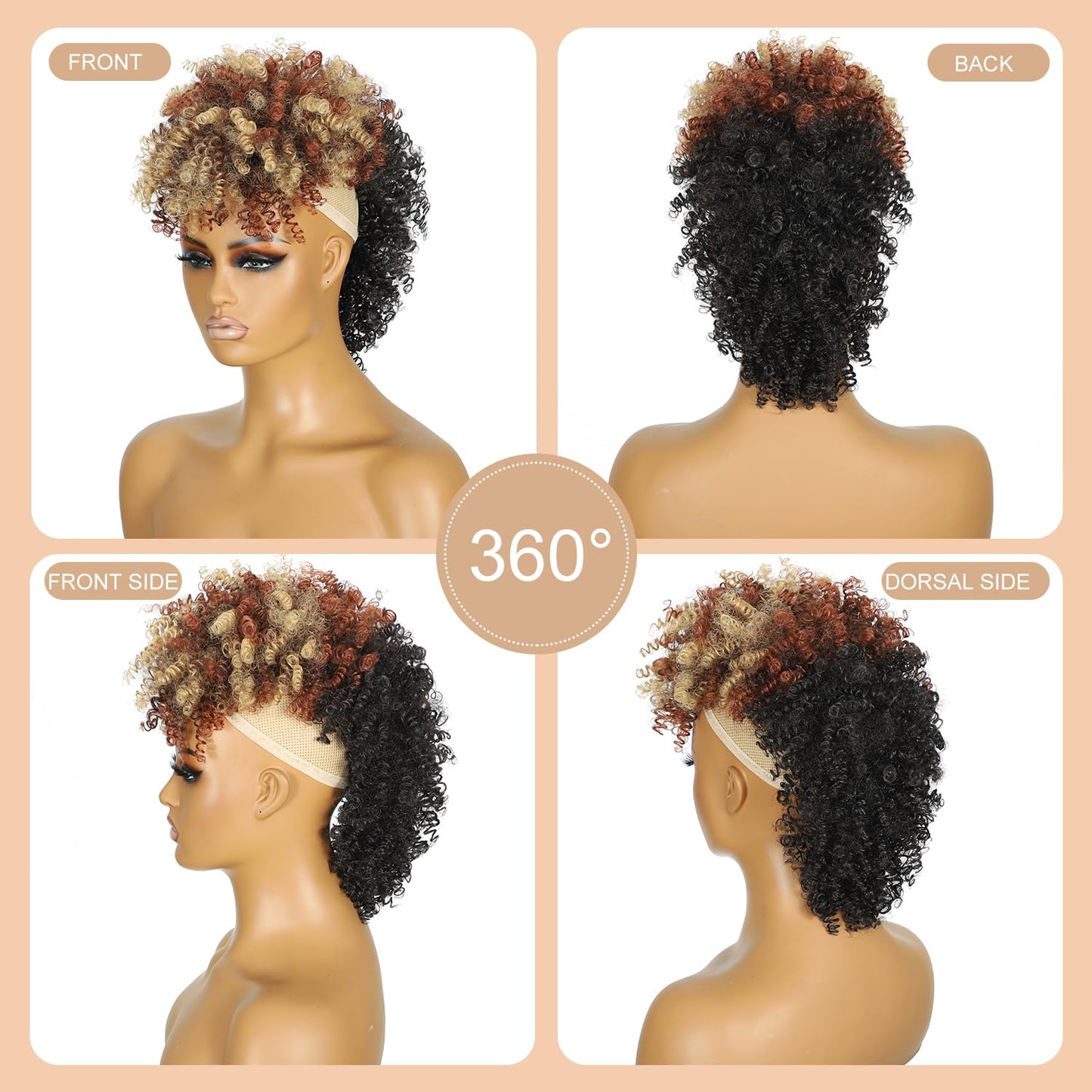 Kinky Curly Mohawk Wig - Natural Black & Brown Blonde Ponytail Extension | Short Synthetic Clip-In with Bangs & Fluffy Hair for Parties
