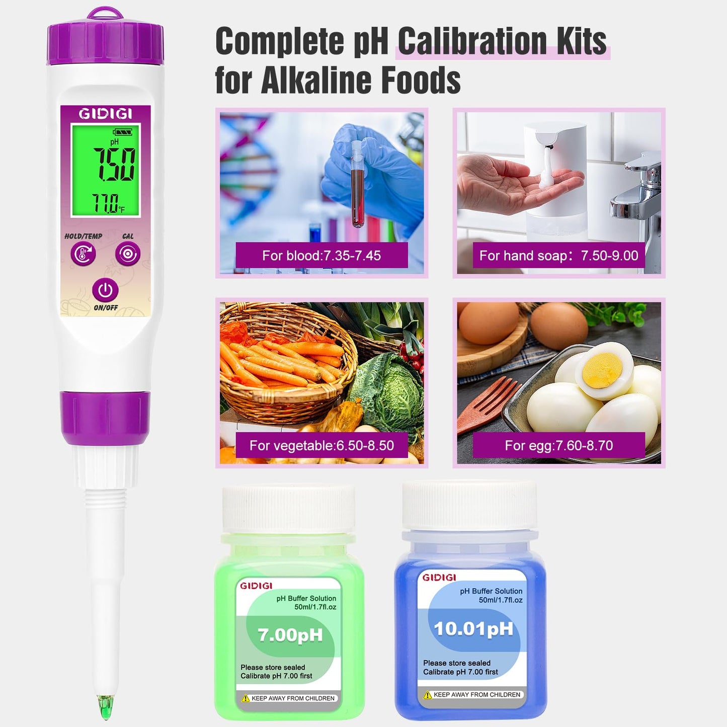 GIDIGI pH Meter for Food, Digital Electronic pH Tester for Fermentation, 3 * 50ml pH Calibration Solution Kits Hot Sauce, Food Tester Probe for Cheese, Sourdough, Salsa, pH Test Strips for Acidity