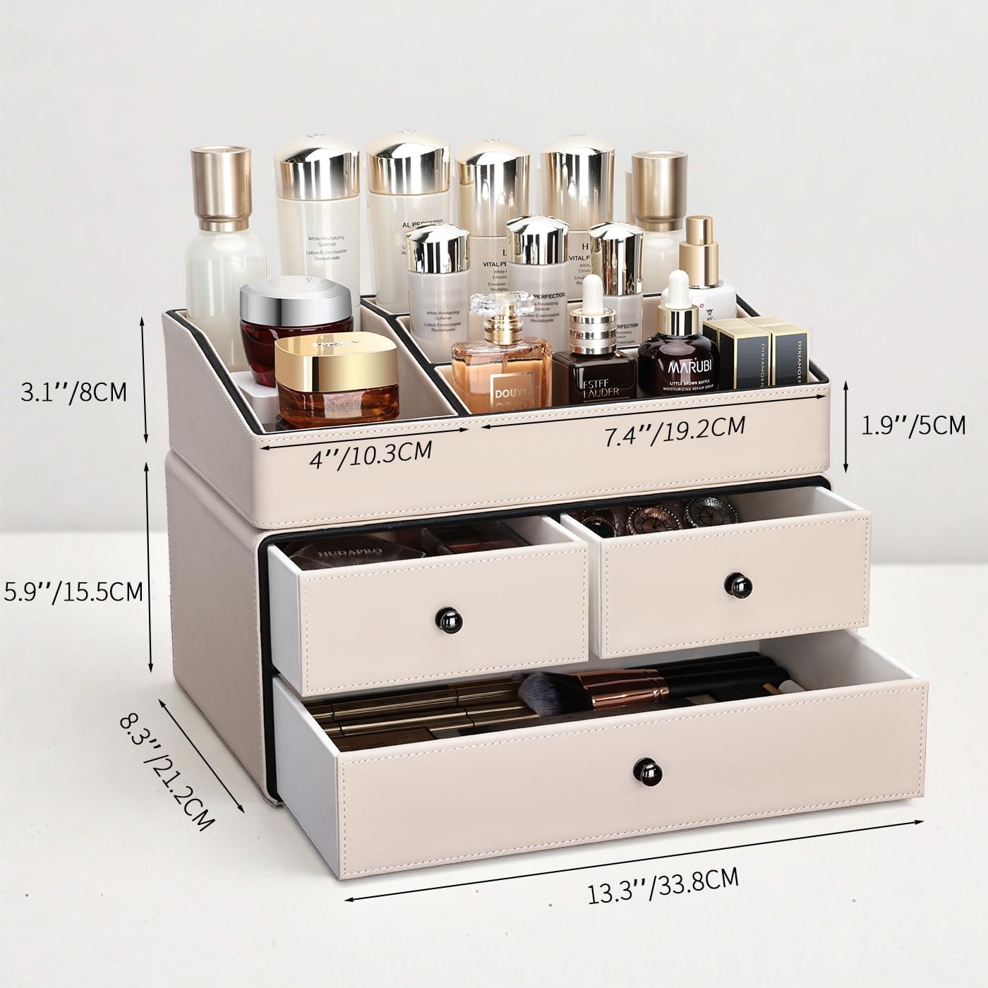 Leather Makeup Organizer - 3 Drawer 2 Tier Cosmetic Storage for Vanity & Bathroom | Beige