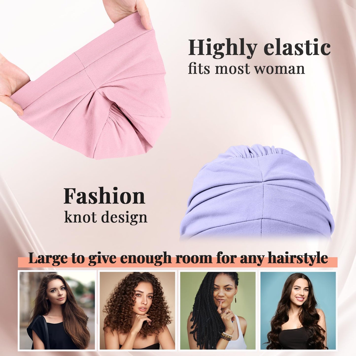 JenPen 4 Pcs Silk Satin Sleeping Bonnet for Women, Soft Chemo Satin Lined Headwear, Stay on All Night Hat for Curly Long Hair(Purple, White, Flesh Pink, Sky Blue)