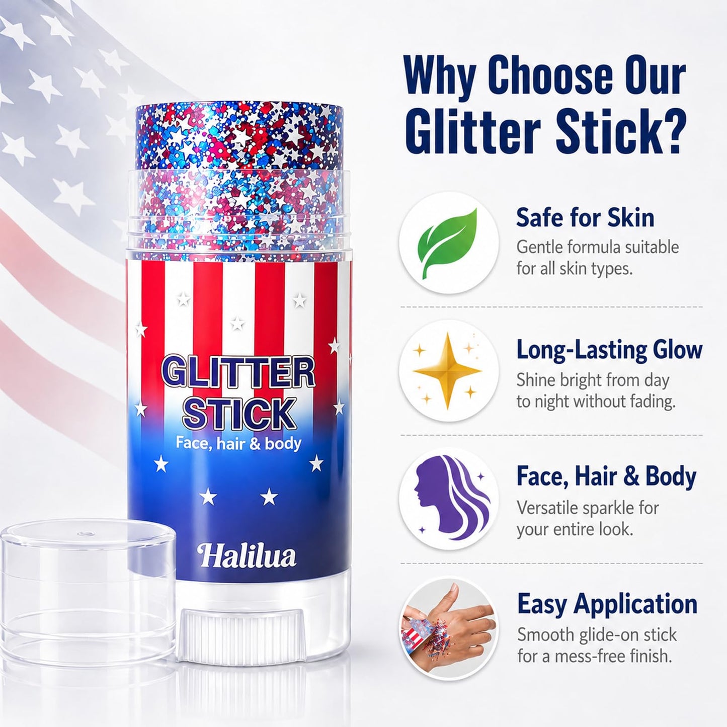 4th of July Body Glitter Stick, Patriotic Hair Face Glitter Stick, Fourth of July Outfits and 250th Anniversary Accessories, USA Flag Accessories for Women, Red White and Blue Waterproof Hair Glitter