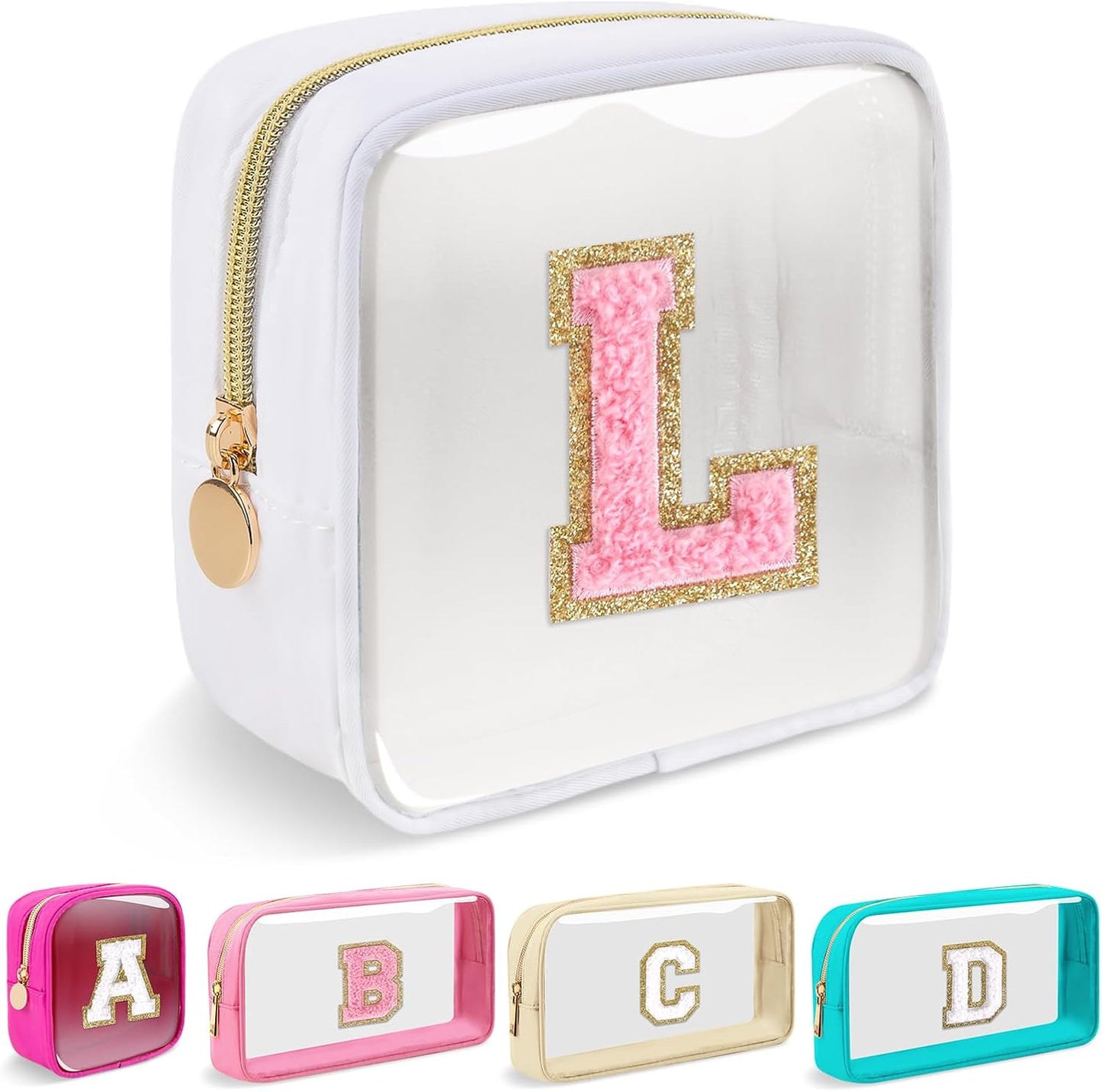 Personalized Initial Makeup Bag - Waterproof Nylon Cosmetic Pouch | A-Z Chenille Letter Patch, White-Pink G