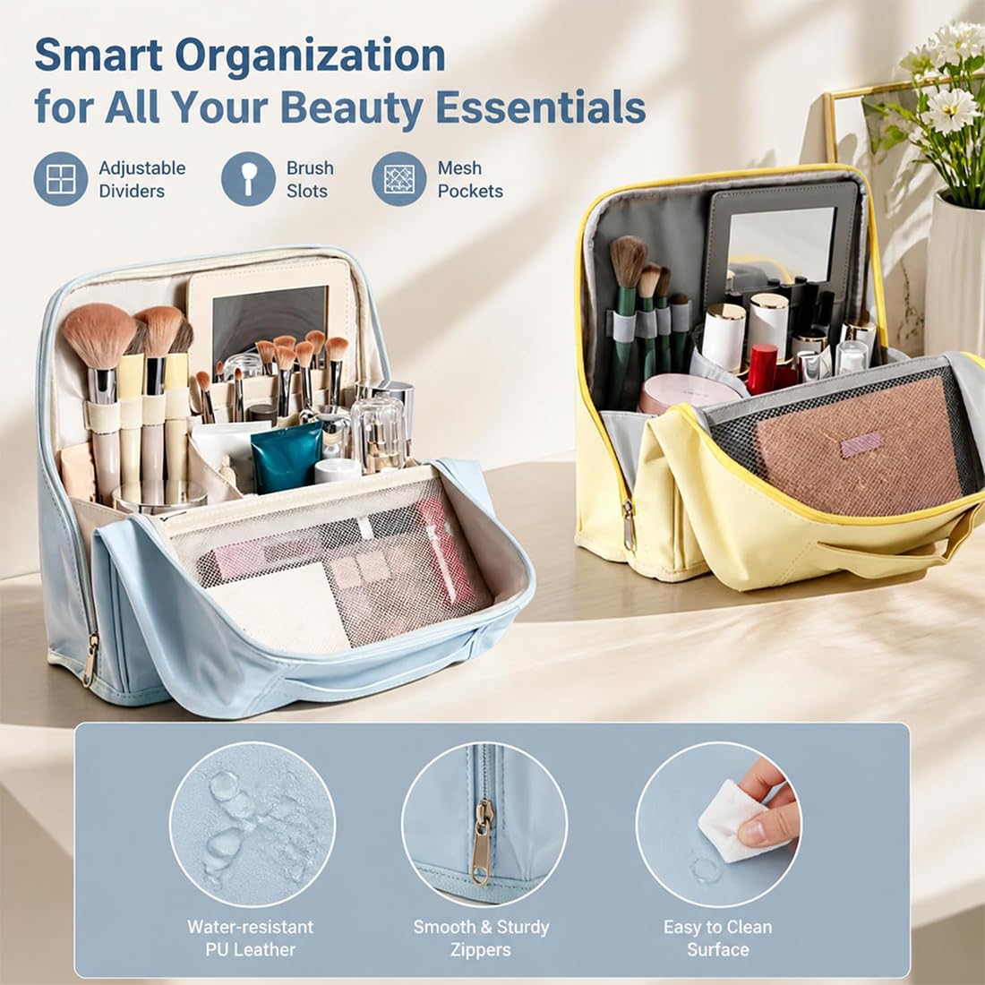 GDSAFS Stylish Handheld Partitioned Cosmetic Bag, Partitioned Cosmetic Organizer with Detachable Mirror, Stand Up Makeup Bag with Large Capacity for Travel & Daily Use (Pink L)