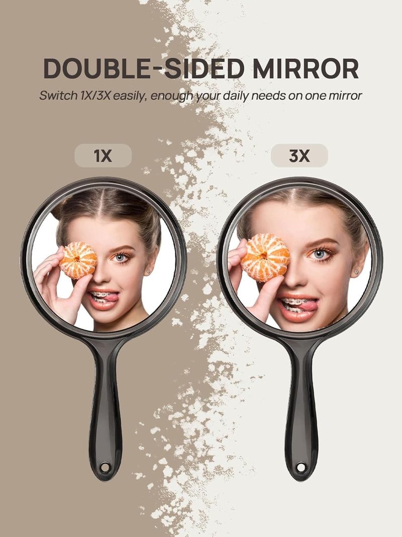 Double-Sided Hand Mirror - 1X/3X Magnifying Handheld Mirror Set of 3 | Transparent Black
