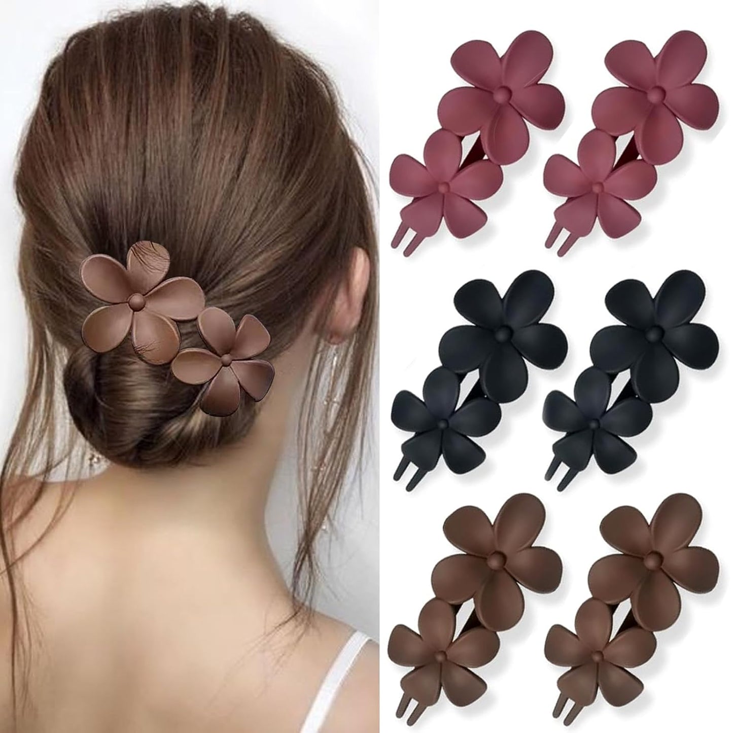 Flower Hair Clips - 6 Pcs Matte French Barrettes | Non-Slip Elegant Hair Accessories for All Hair Types