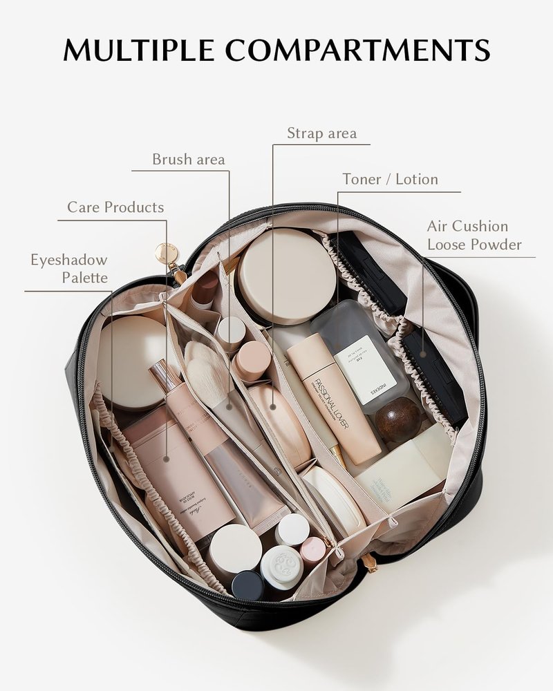 Travel Makeup Bag - Large Capacity Lychee Leather Cosmetic Organizer | Waterproof Toiletry Case with TPU Brush Compartment