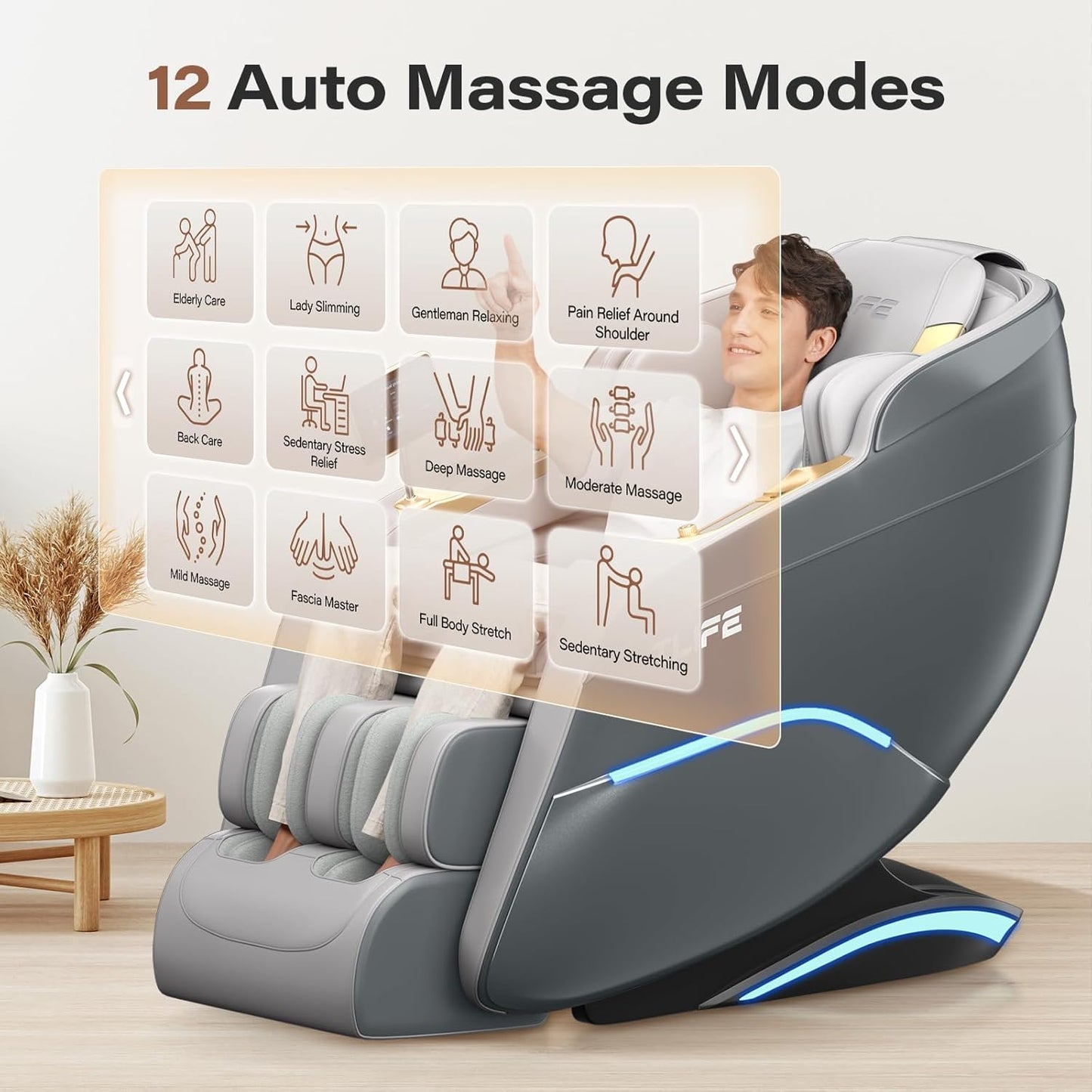 TLIFE Full Body Massage Chair - 160° Zero Gravity Recliner with Body Scan, 12 Auto Modes, Heating | Grey