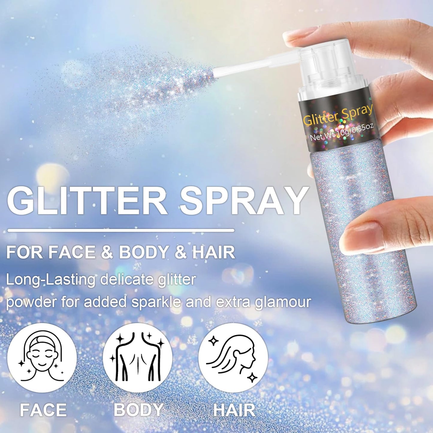 Glitter Spray, Ultra Fine Sparkle Resin Glitter Powder, Long Lasting Shimmer for Hair Body Makeup, Rave Festival Prom, DIY Crafts Clothes Accessories(Glint-Rainbow)