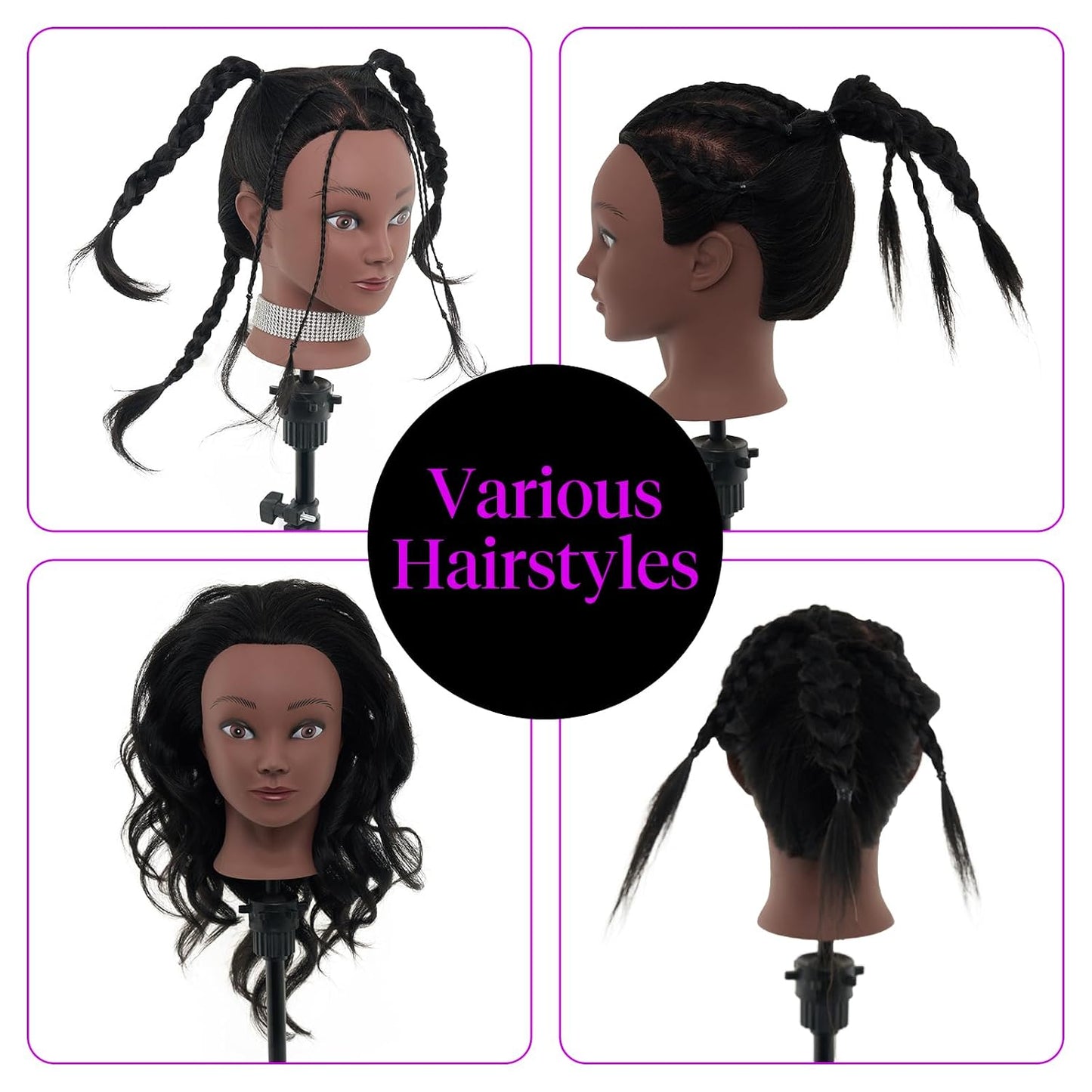 Real Hair Mannequin Head - 18" Human Hair Cosmetology Training Doll for Styling, Dying & Braiding | Black