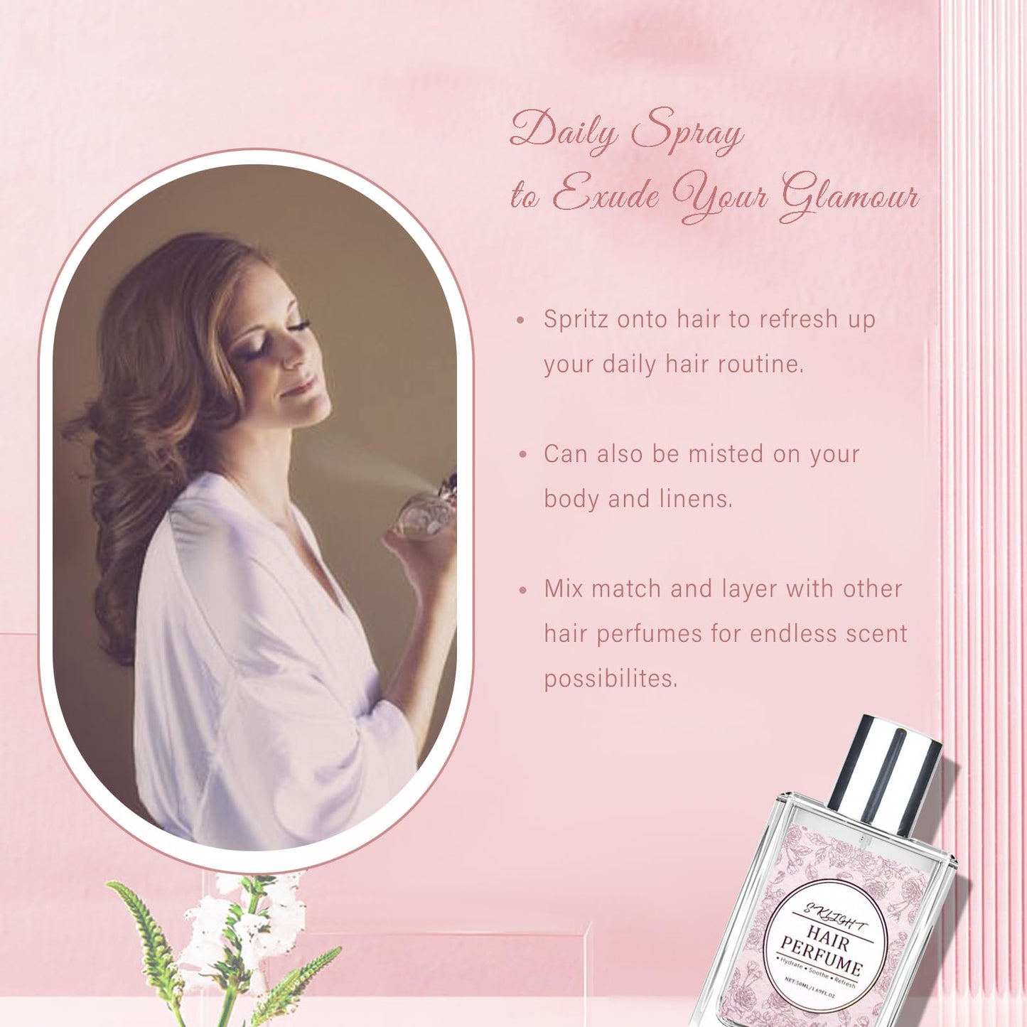 Fvquhvo Hair Perfume for Women, Long Lasting Pheromone Perfume, Hair and Body Mist, Romantic Rose Scent, Hydrates and Nourishes, 50ML