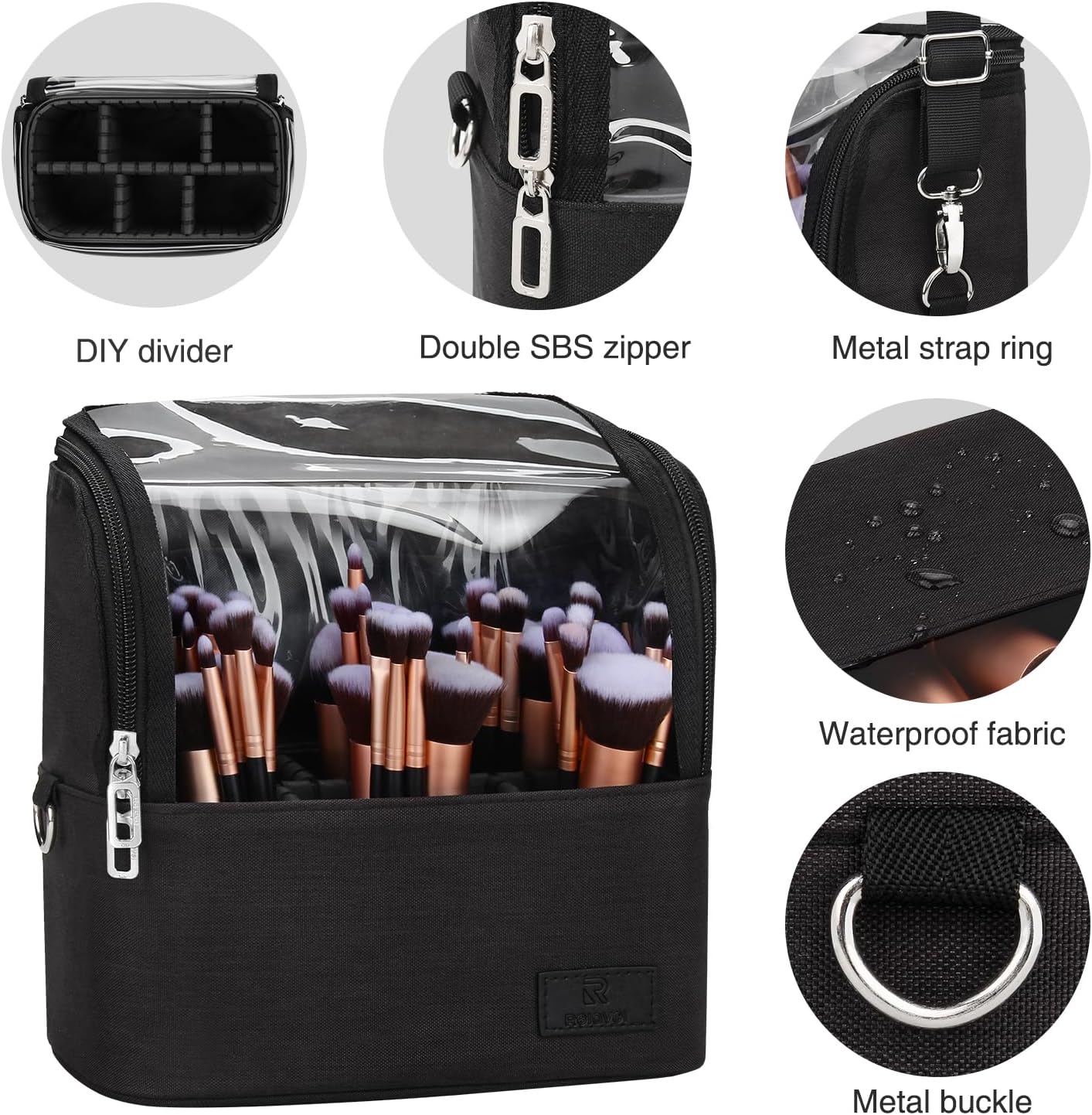 Makeup Brush Organizer - Large Travel Makeup Brush Holder with Adjustable Divider | Professional Cosmetic Storage Bag - Black