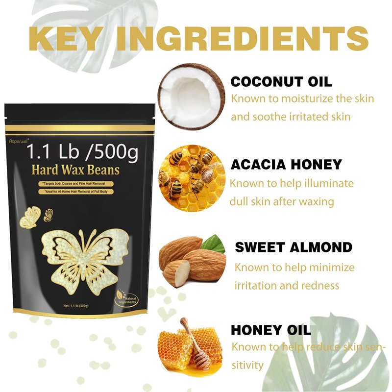 Hard Wax Beads for Hair Removal - 1.1lb/17.05oz Waxing Beads for Coarse Hair, Sensitive Skin, Brazilian Bikini,Underarms,Face,Body - Wax Beans Bulk with 20 Sticks (Coconut)