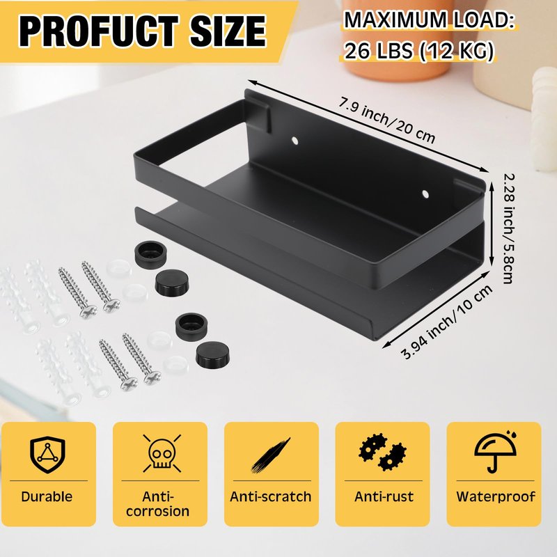 Lallisa 2 Pieces Stainless Steel Shelf Bathroom Shower Floating Shelves Wall Mounted Shower Caddy Basket Shelf Storage Organizer Shelves for Bathroom, Kitchen, Living Room(7.87 Inches/ 20 cm,Black)