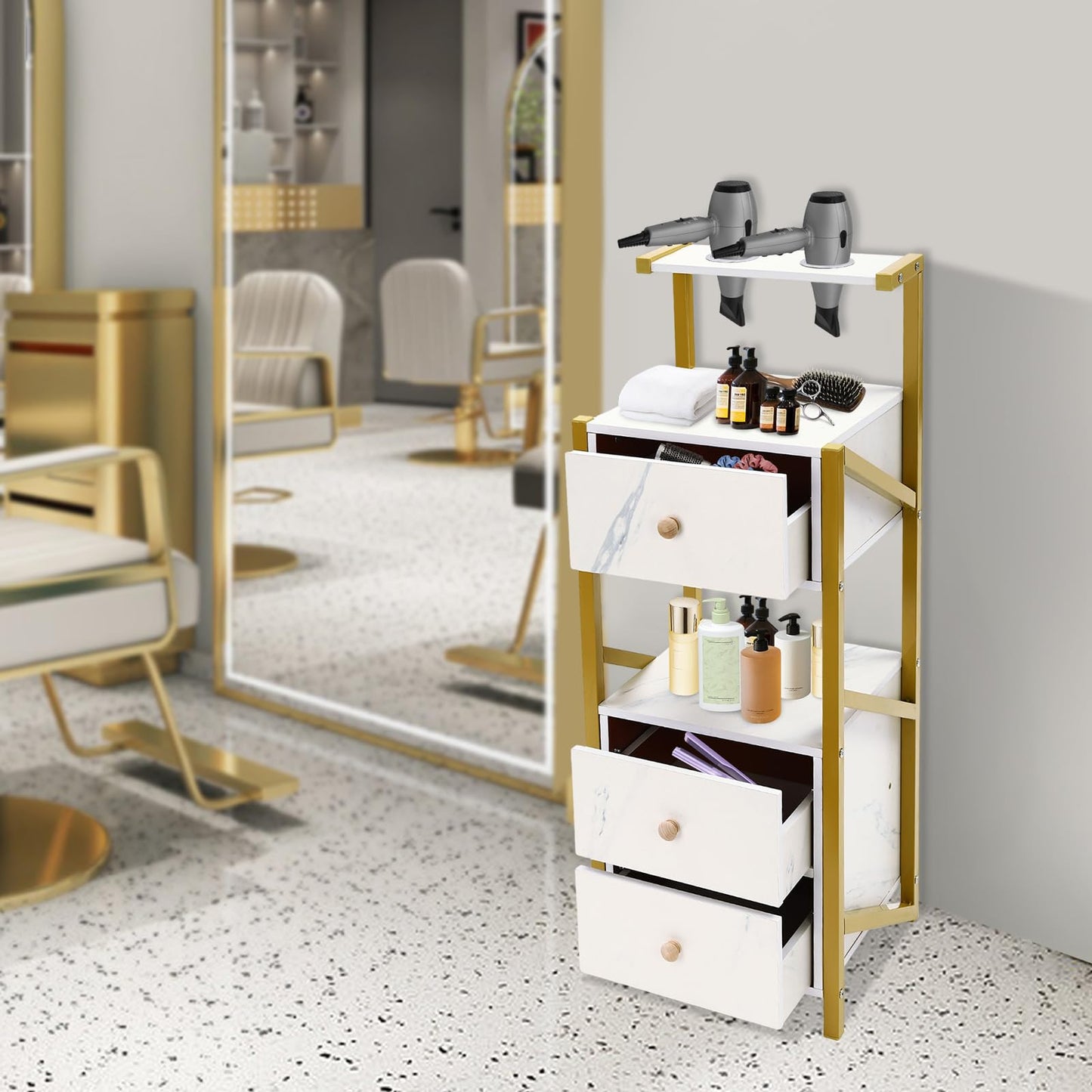 Beauty Salon Station Barber Stations w/Drawer, Makeup Storage w/Hair Dryer Holder Organizer Equipment for Barber-Stores