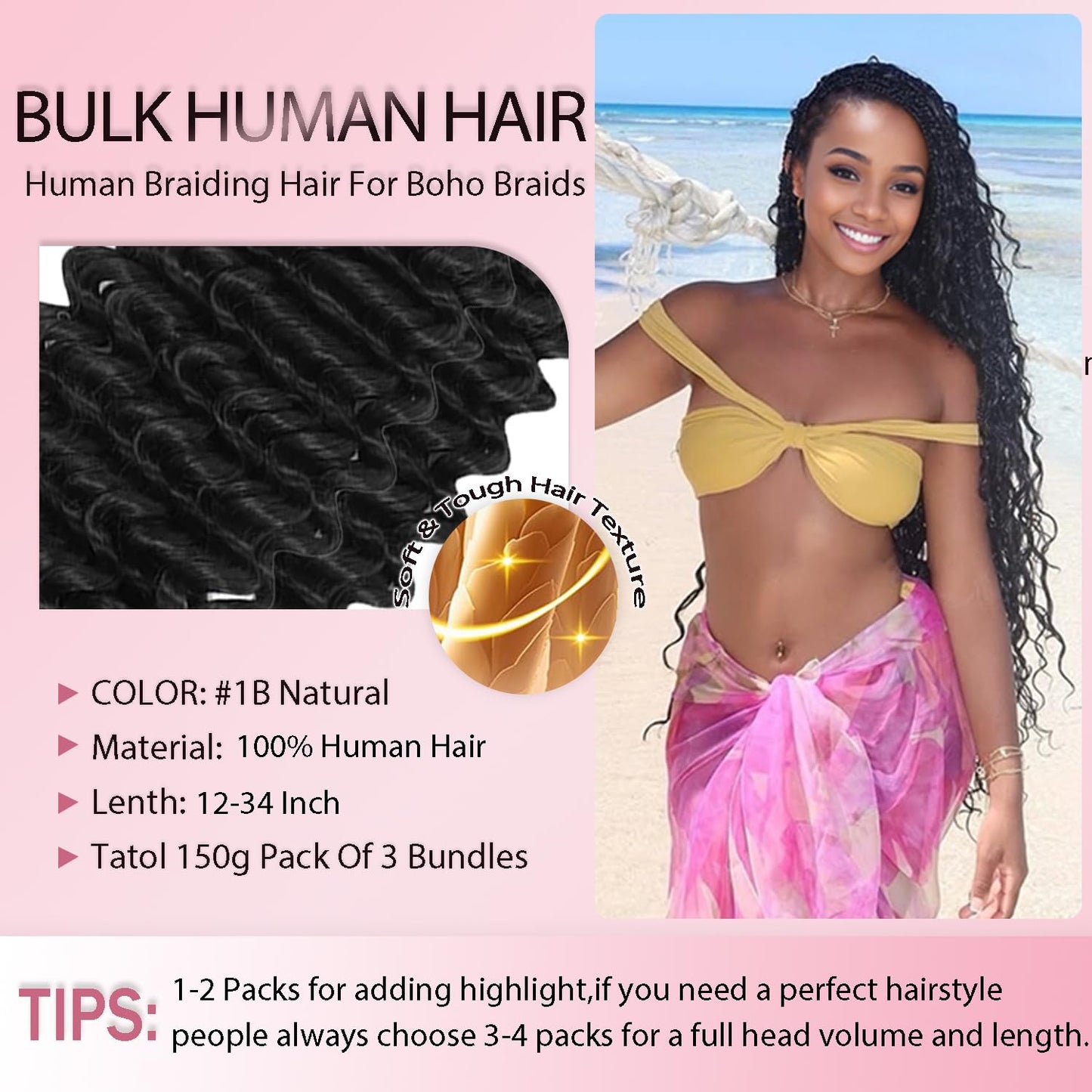 Honey Blonde Human Braiding Hair for Boho Braids 18 18 18 Inch Color 27 Deep Wave Bulk Hair No Weft #27 Blonde Curly Human Hair Extensions for Braids 3 Bundles 150g