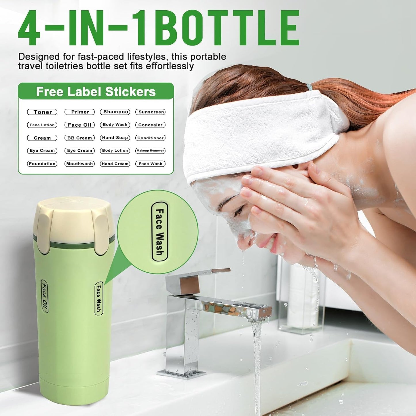 Travel Toiletry Dispenser - 4 Pack 30ML Refillable Bottles | Leak-Proof & Portable for Shampoo, Shower Gel, Camping (Green)