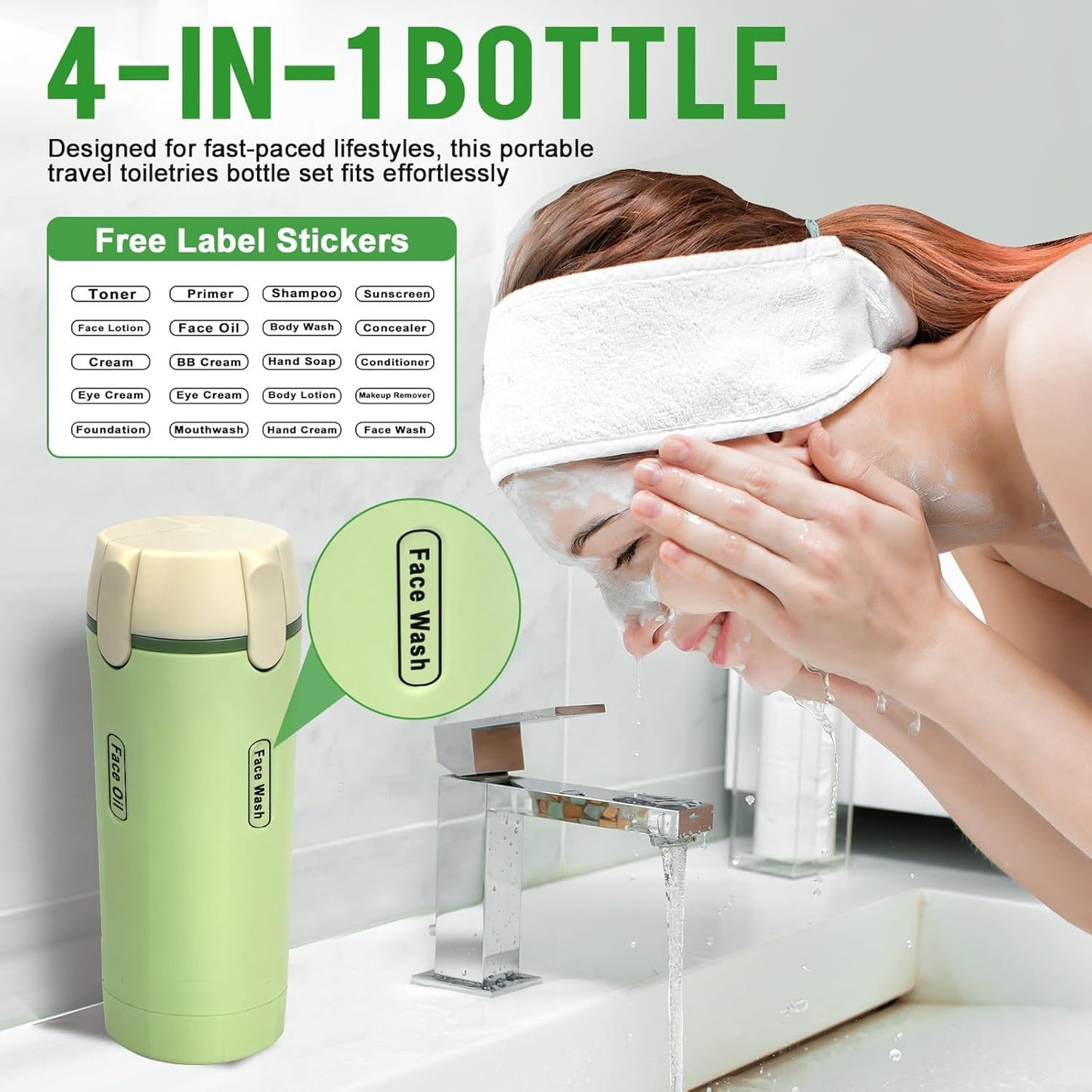 NFOVSMO 4 in 1 Travel Dispenser,4 Pack 30ML Travel Bottles for Toiletries,Refillable, Leak Proof and Portable,Suitable for Storing Shampoo, Shower Gel, Suitable for Travel, Camping (Green)