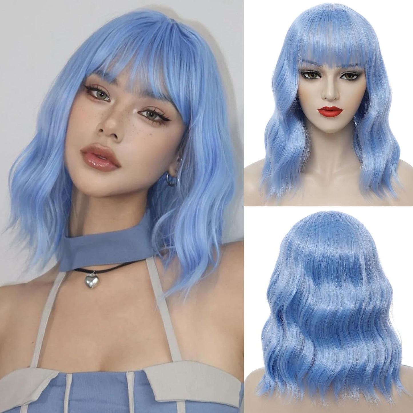 Emerald Green Wavy Bob Wig with Bangs - Shoulder Length Synthetic Cosplay Hair