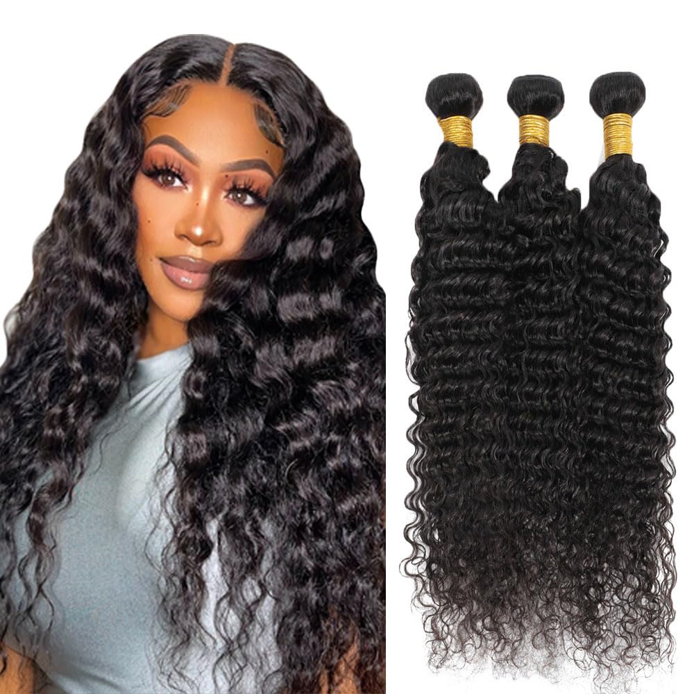 12 14 16 Inch Deep Wave Bundles Human Hair 3 Bundles 50 Grams Per Bundle 10A Grade Unprocessed Brazilian Virgin Hair #1B Natural Color Deep Wave Bundle Weaves Extensions for Black Women