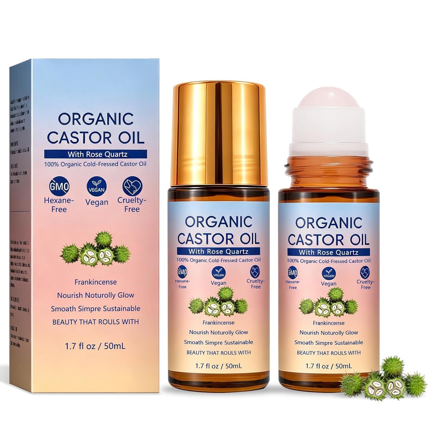 Organic Castor Oil Roll-On with Rose Quartz Roller Ball - Cold Pressed Moisturizing Beauty Oil for Brows, Lashes & Skin
