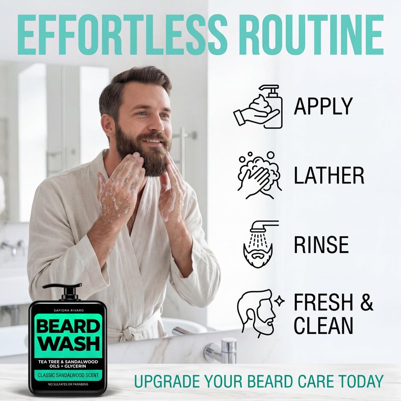 Safiora Rivaro Beard Wash for Men with Tea Tree & Sandalwood – Hydrating Beard Shampoo Softener for Coarse Hair, Grooming Cleanser for Daily Care Routine – Moisturizing Wash for Black Men (5 Fl Oz)