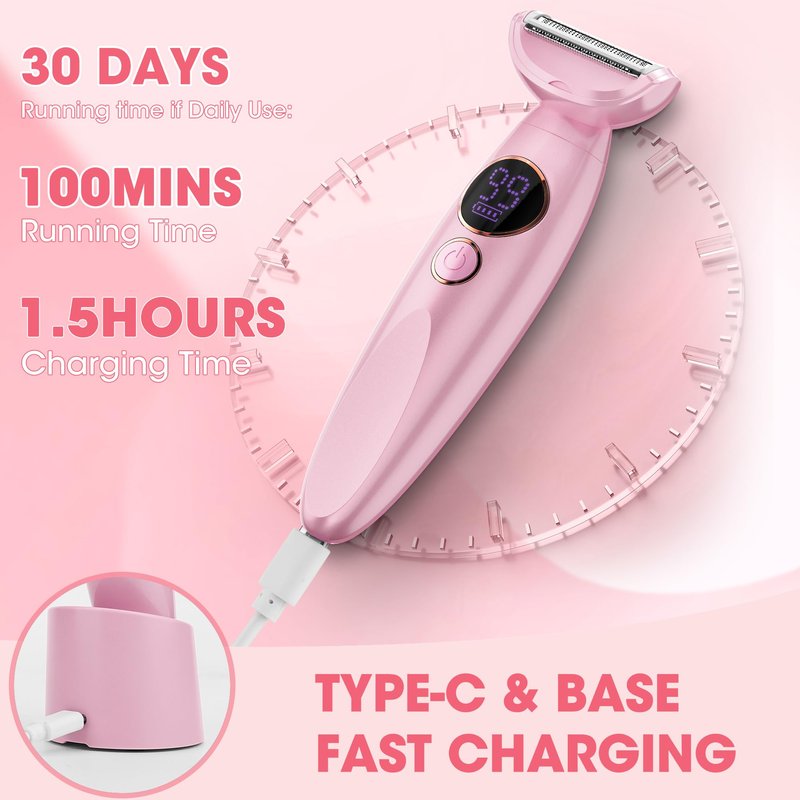 Karrte 5-in-1 Electric Razor for Women's Pubic Hair, Painless Body Shaver and Facial Epilator, Hair Removal for Face, Bikini Trimmer for Women's Private Area Pink