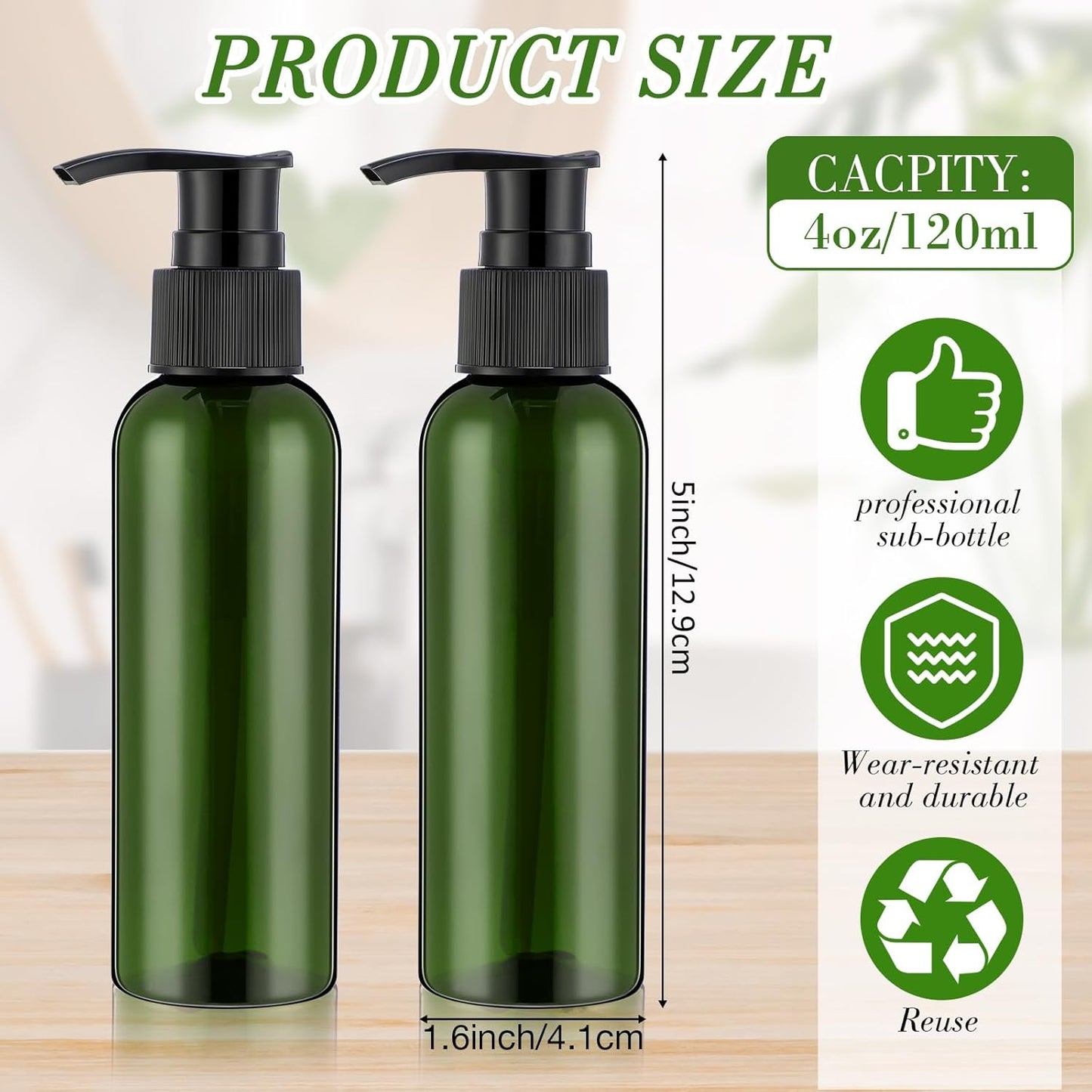 Refillable 4oz Lotion Pump Bottles - 48 Pcs Leak-Proof Plastic Dispensers | Black & Green