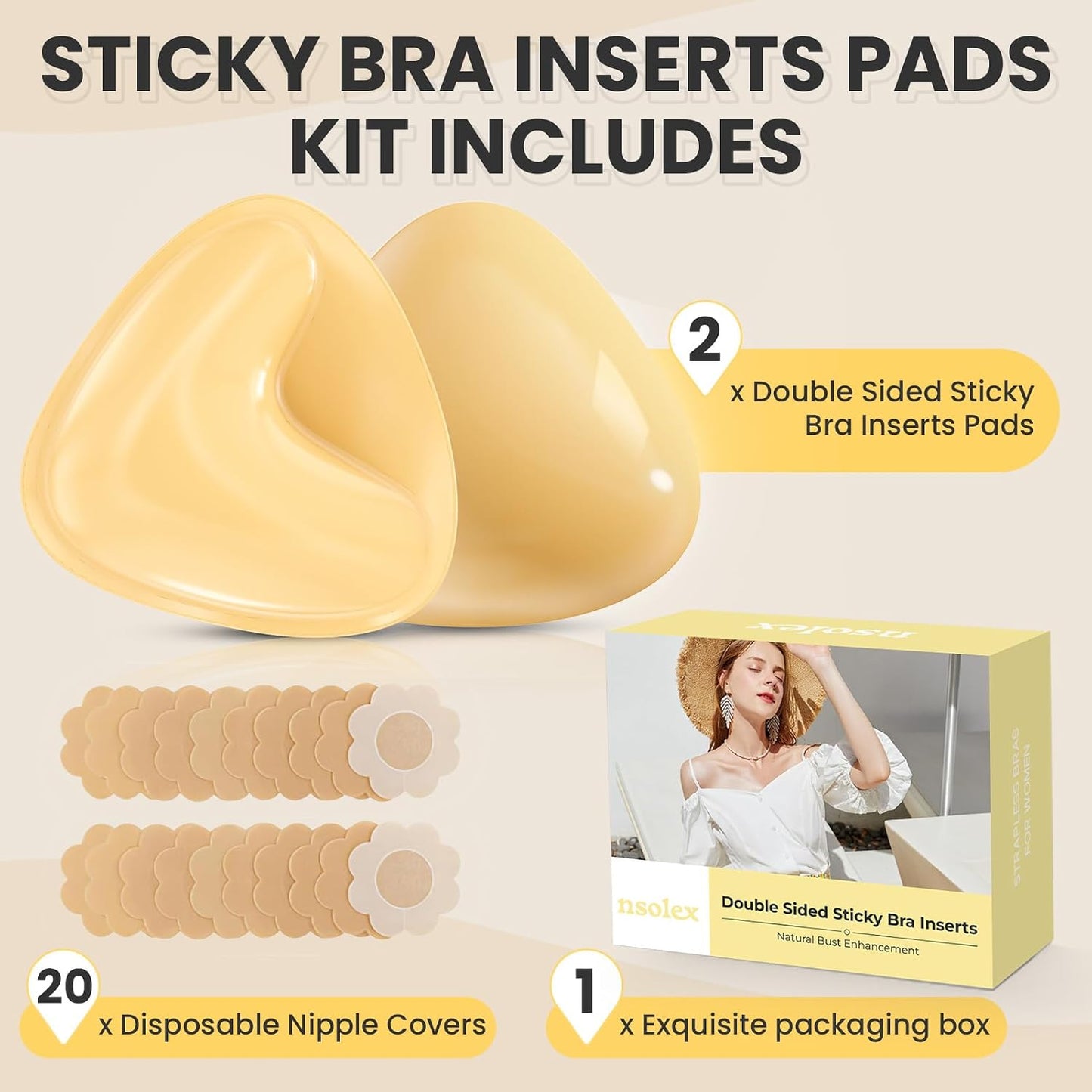 Double-Sided Sticky Bra Inserts - Reusable Ultra Push-Up Lift Pads for Strapless Dresses & Bikinis