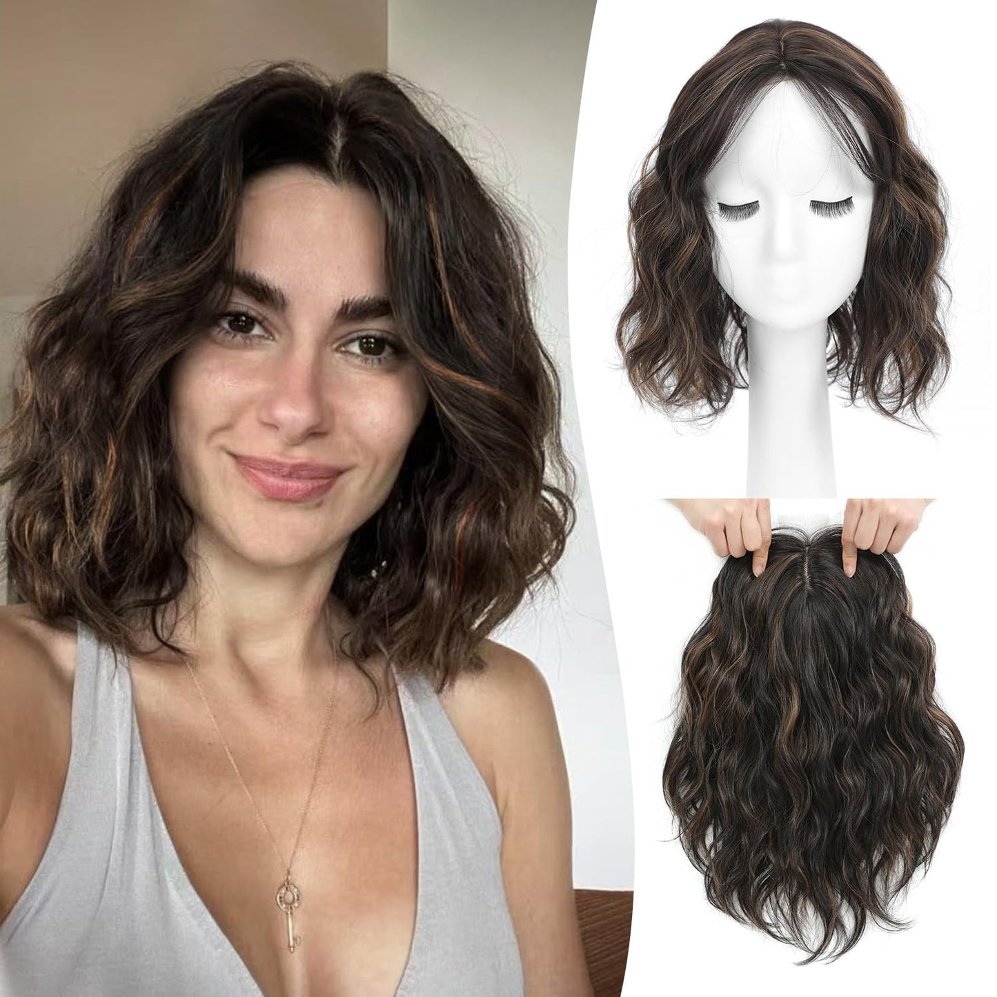 Short Wavy Hair Topper for Women - 11 Inch Natural Synthetic Hairpiece, Lightweight & Breathable | Dark Brown, 6.5"x6.5" Base