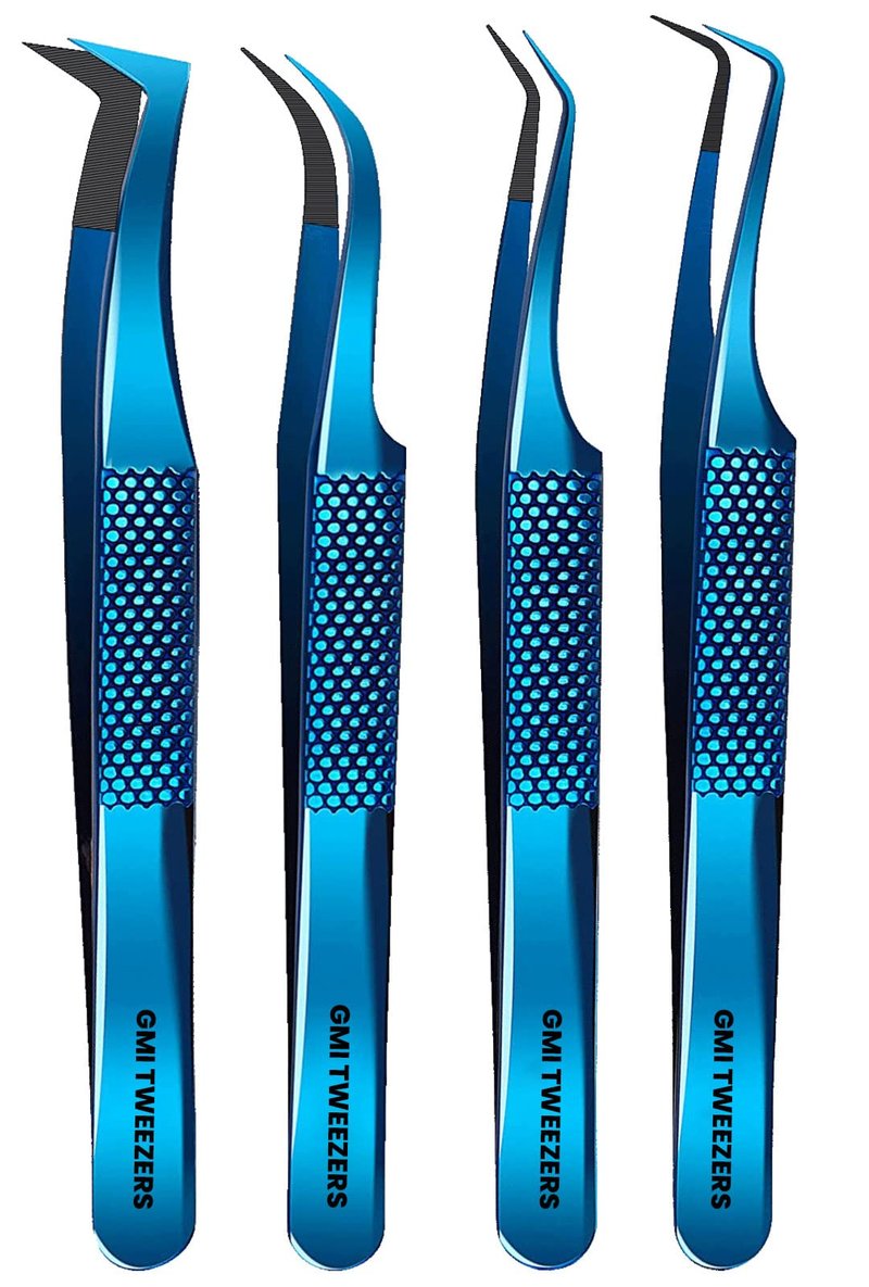 GMI Lash Tweezers – Pack of 4 Stainless Steel Fiber Tip Eyelash Extension Tweezers