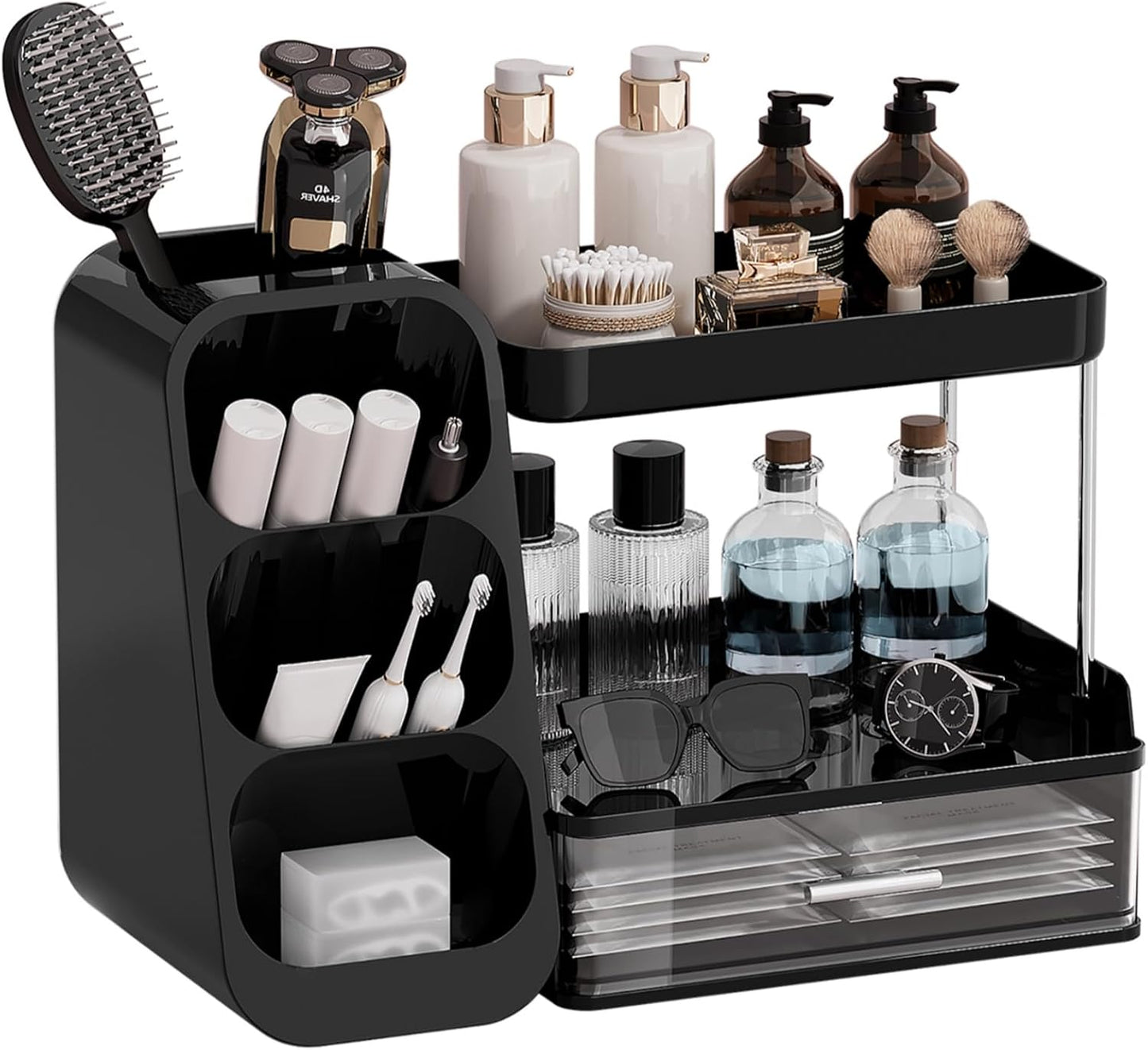 Makeup Organizer for Vanity - Large Capacity Skincare & Cosmetic Display Case with 2 Drawers | Brush Holder & Perfume Storage