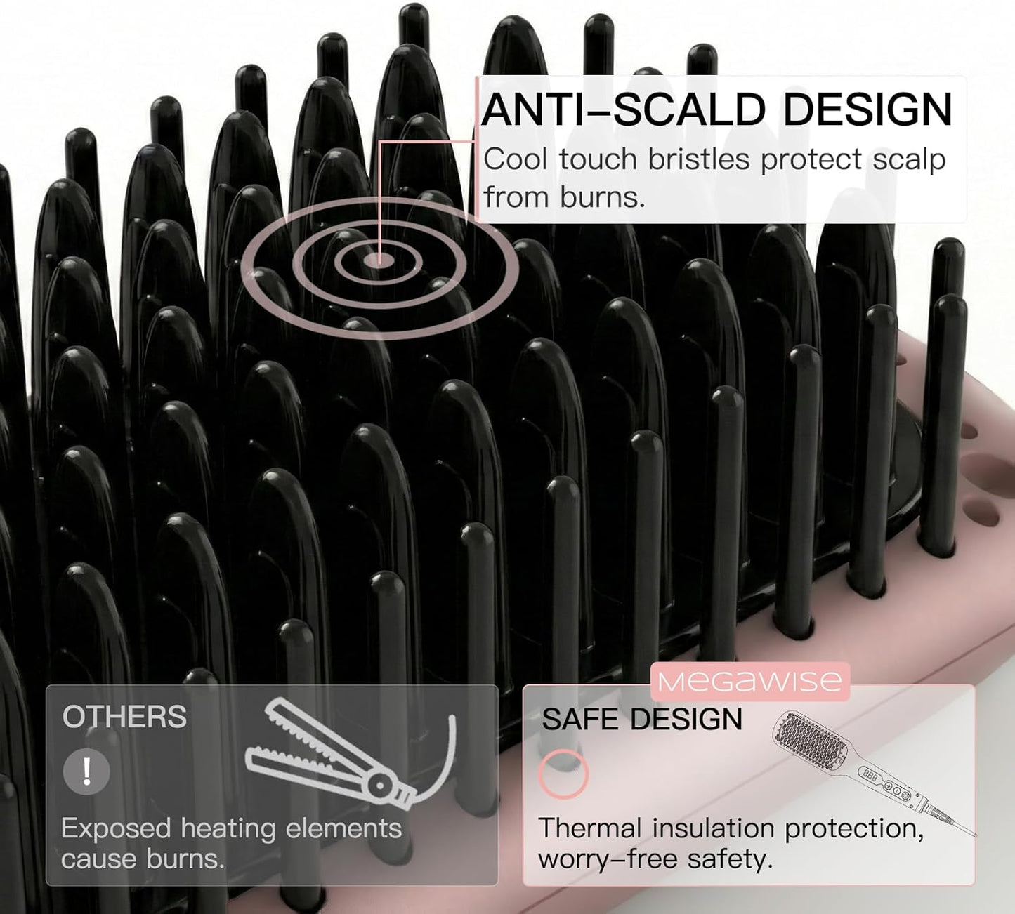 MegaWise Hair Straightener Brush - 2-in-1 Ionic Detangling & Styling Tool with Adjustable Temperature | Anti-Scald Technology, Auto Shut-Off